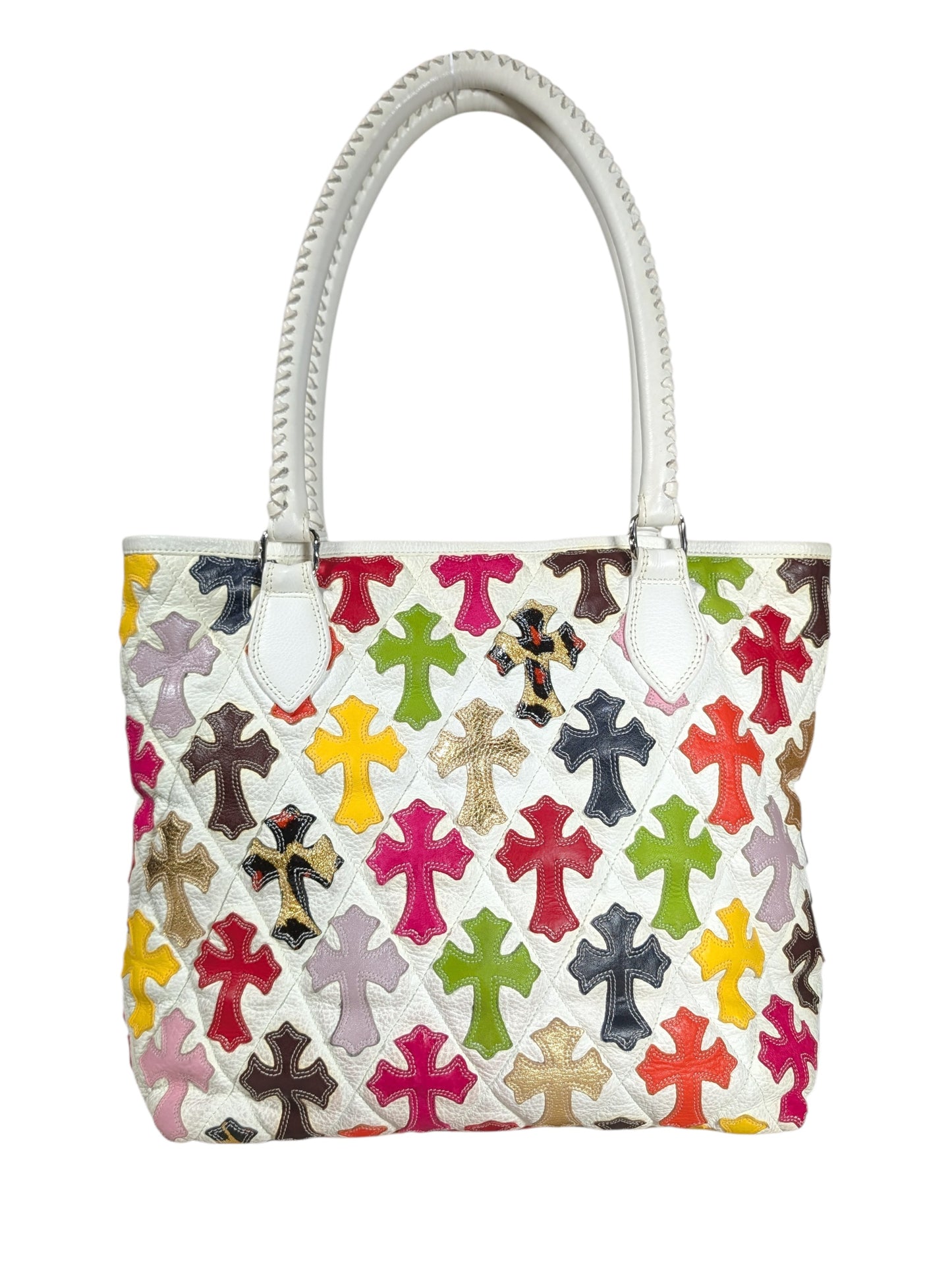 Quilted Leather Multicolor Cross Patch FS Tote Bag White