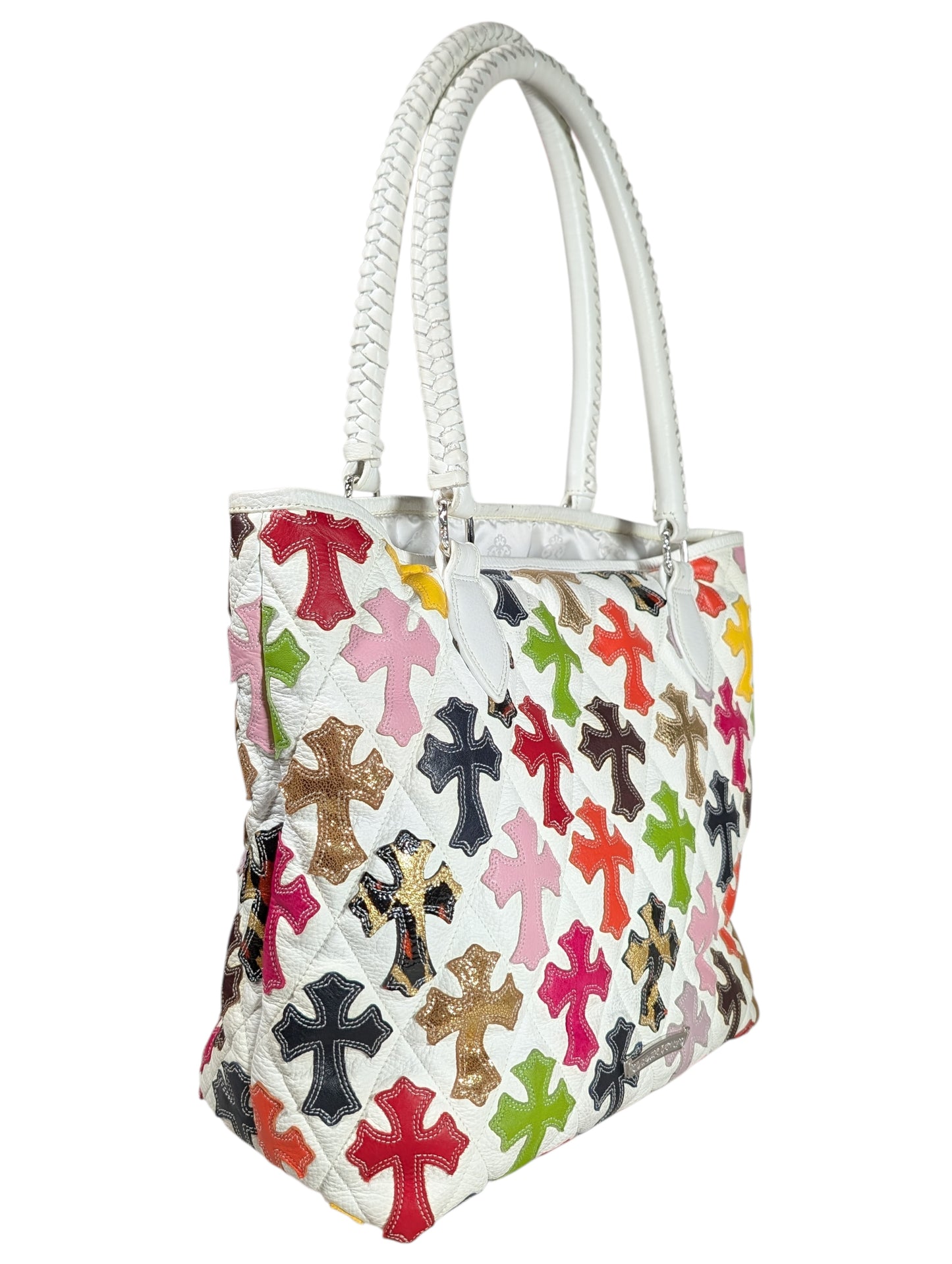 Quilted Leather Multicolor Cross Patch FS Tote Bag White