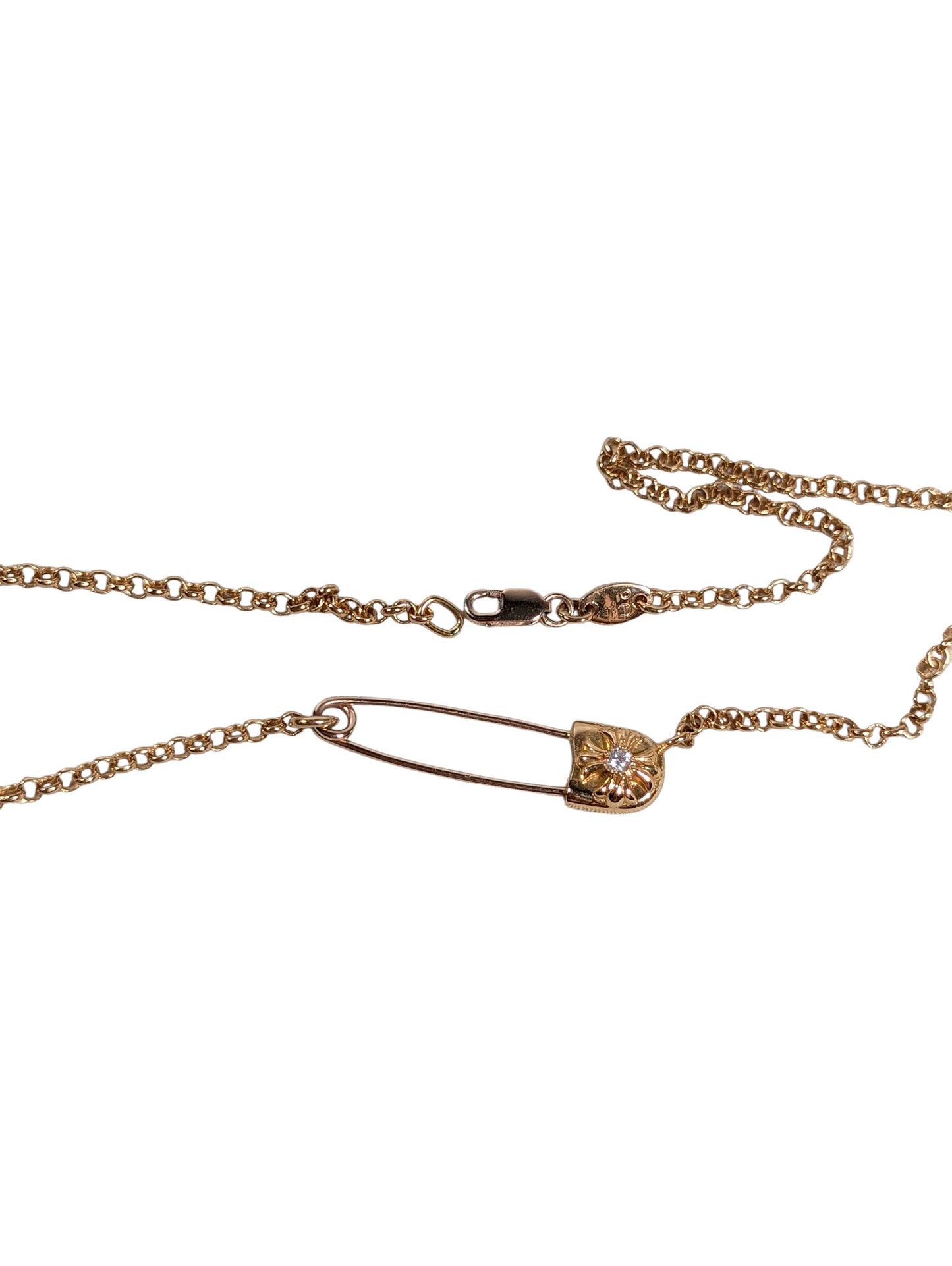 Diamond Safety Pin Roll Chain Gold Necklace