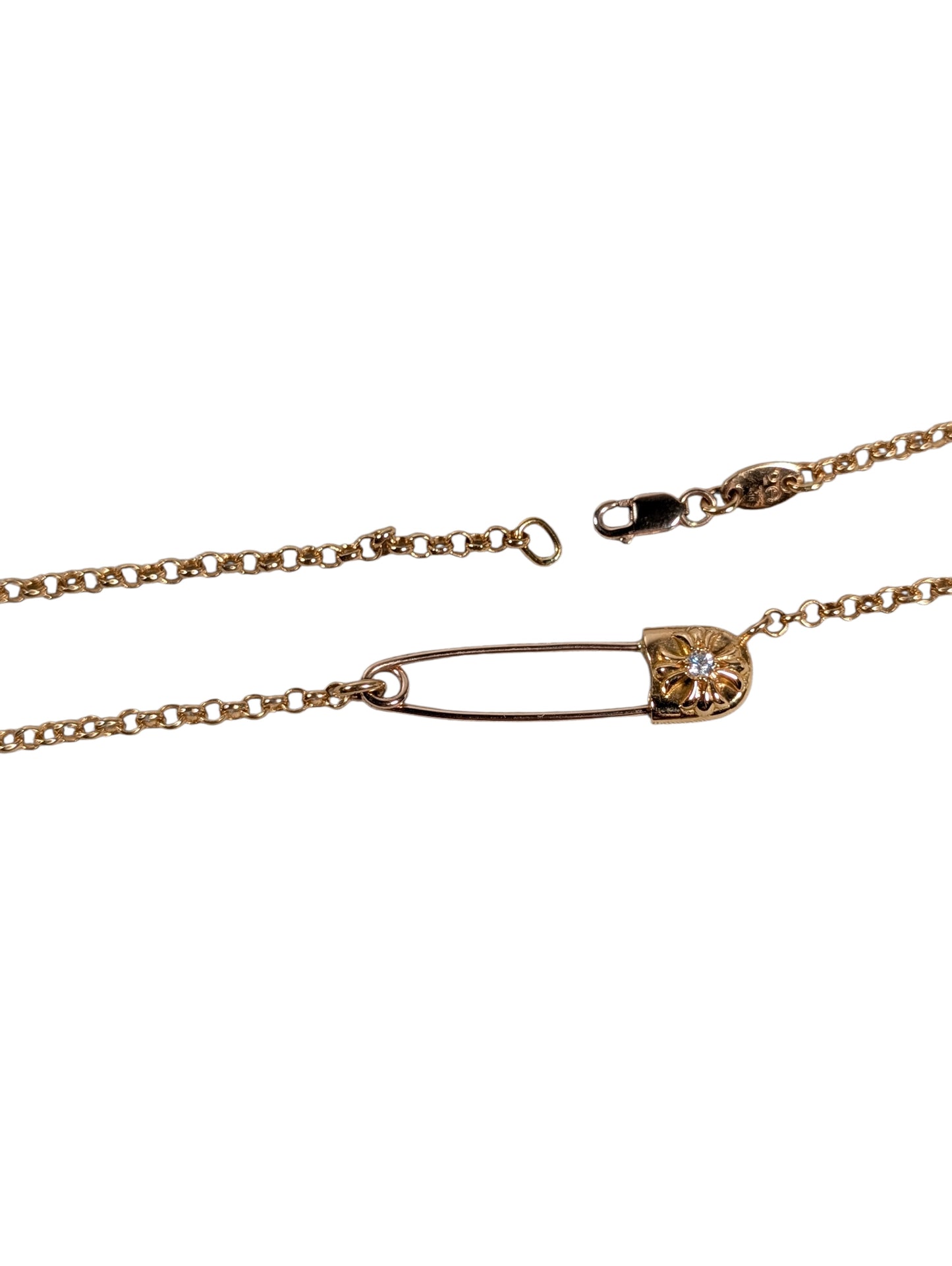 Diamond Safety Pin Roll Chain Gold Necklace