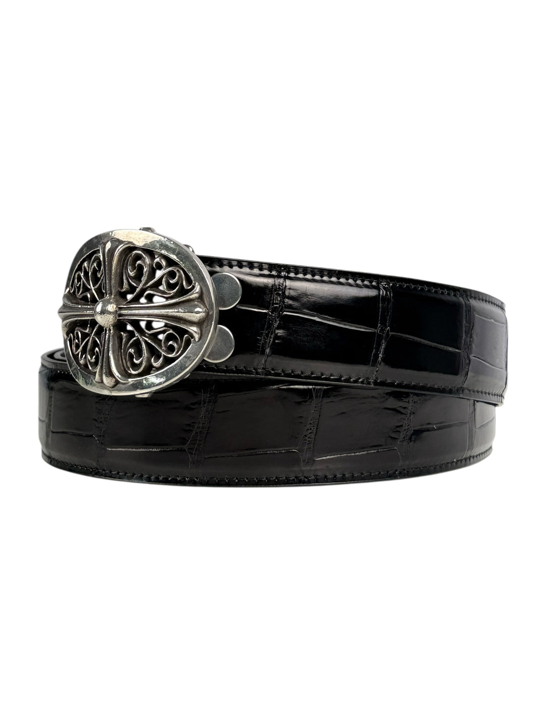 Glossy black crocodile leather belt strap AMAL V2 model
