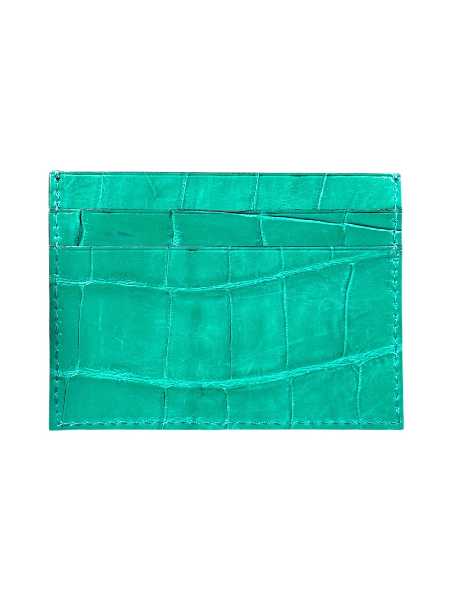 Crocodile exotic skin card holder in turquoise green hand-stitched one of one