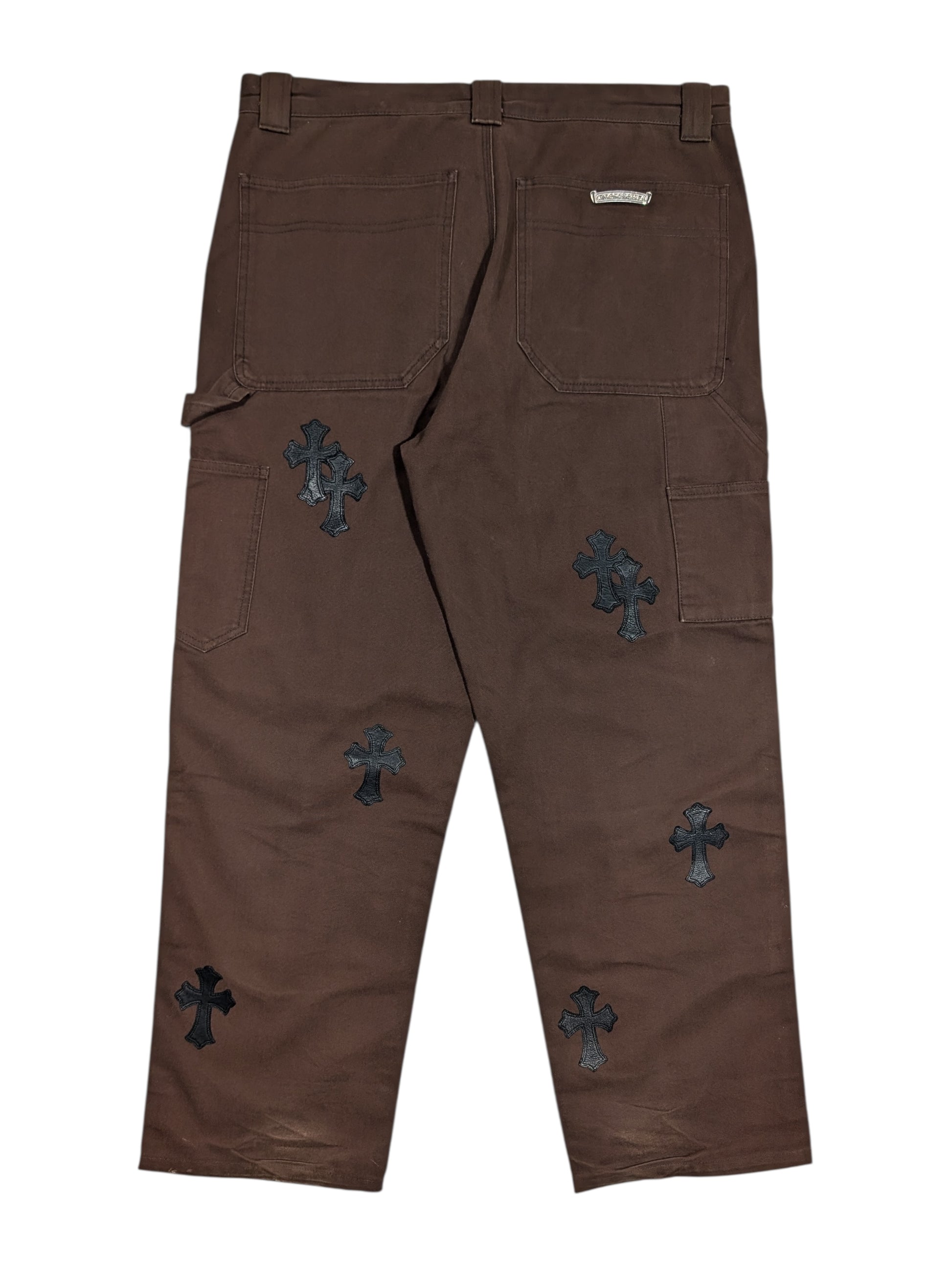 chrome hearts carpenter pants brown double knee back view black leather cross patch denim