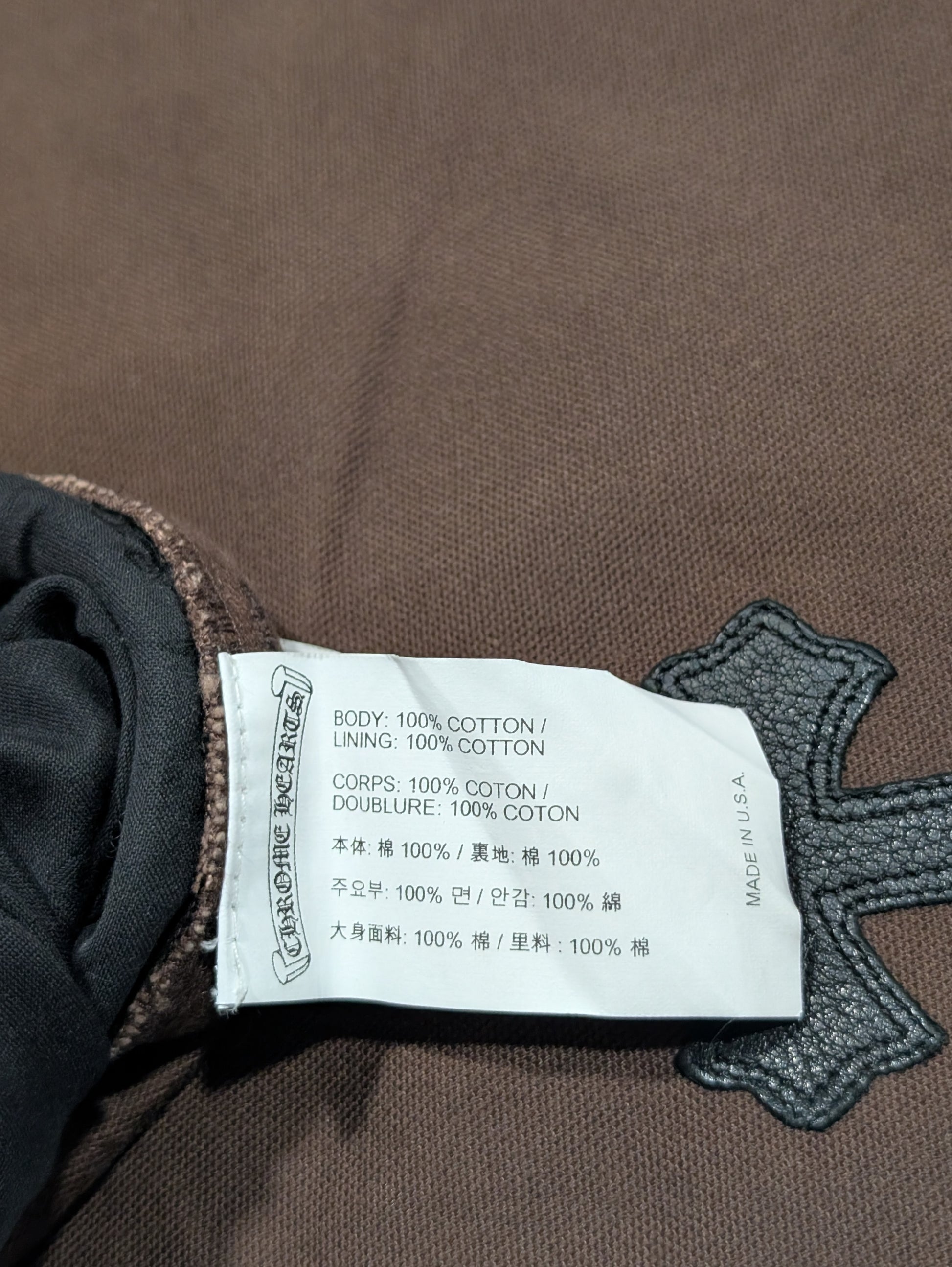 chrome hearts brown carpenter pants leather cross patch detail tags black leather collectible fashion