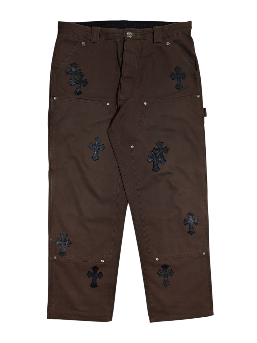 chrome hearts brown double knee carpenter pants black leather cross patch front collectible rare