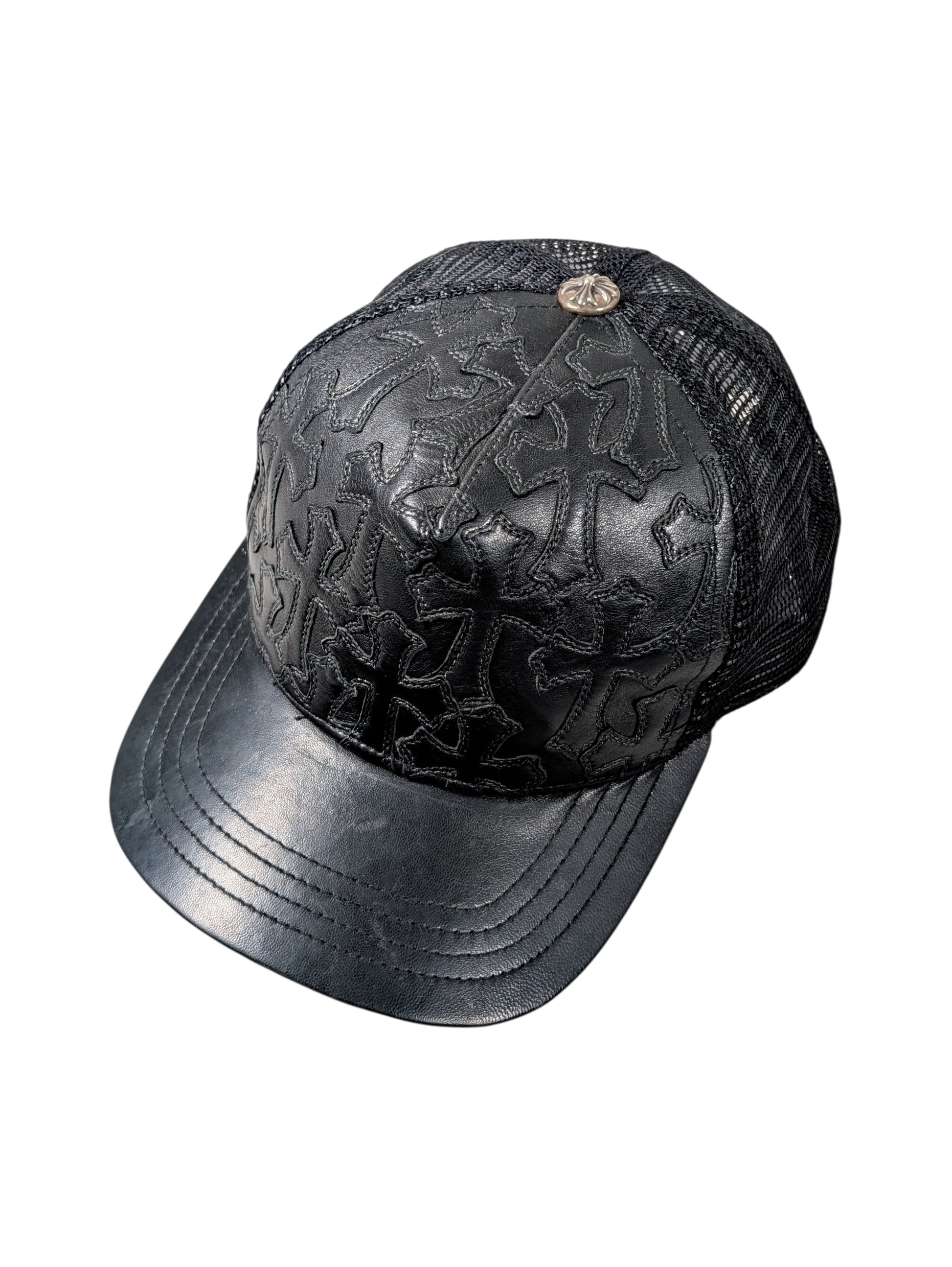 chrome hearts trucker hat back mesh detail black leather cemetery cross patch rare accessory