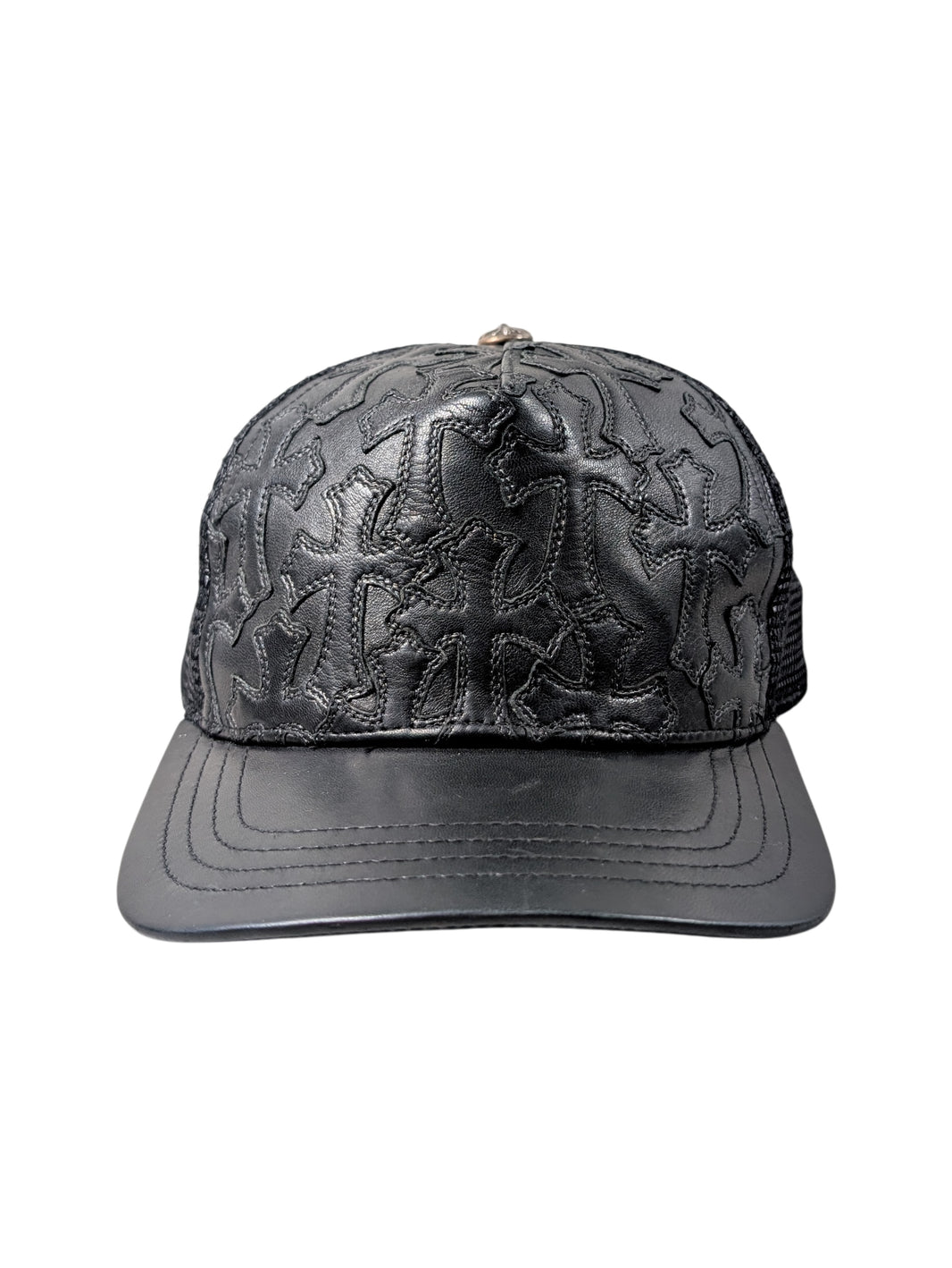 chrome hearts trucker hat black mesh leather cemetery cross patch front collectible streetwear