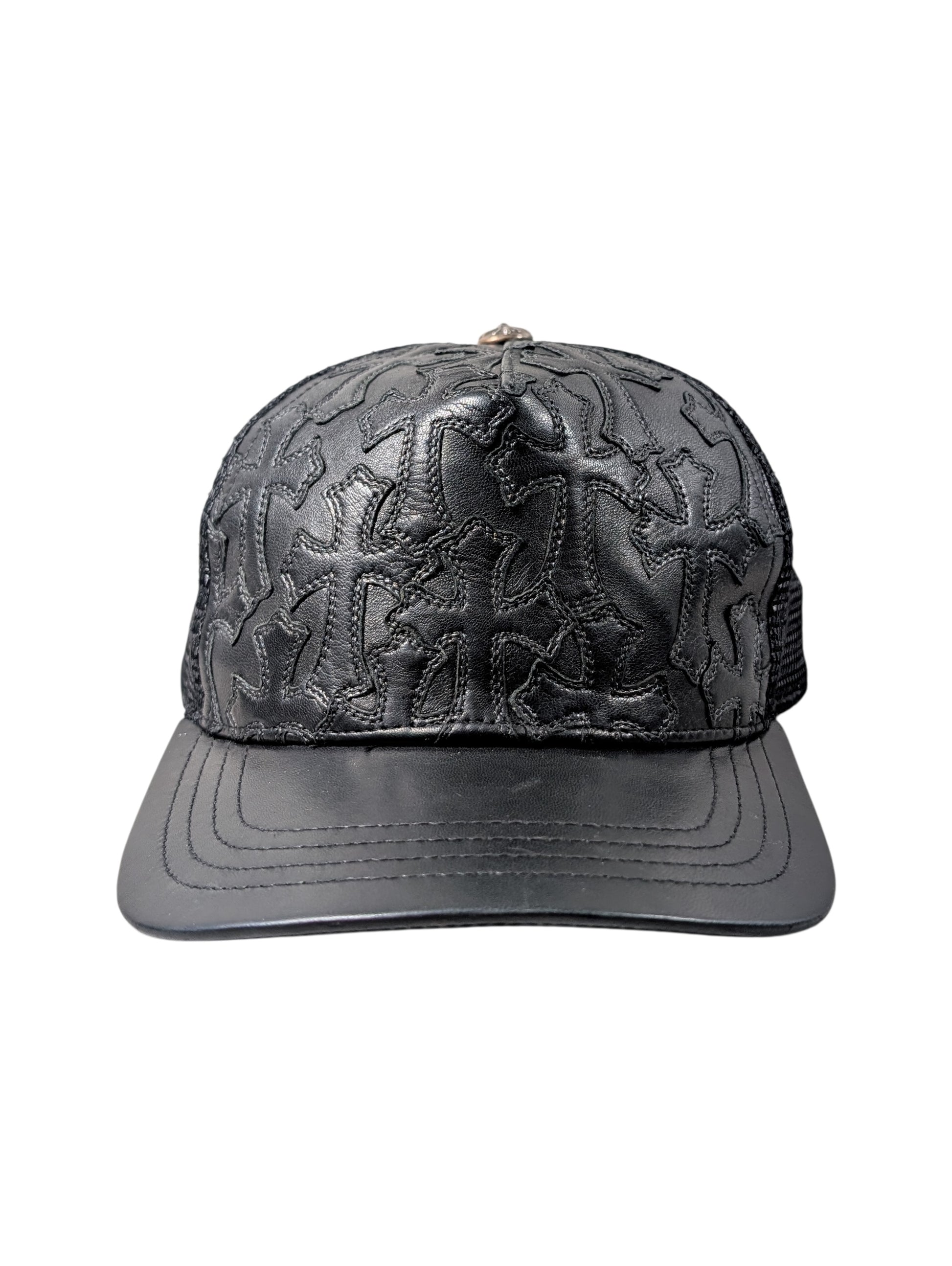 chrome hearts trucker hat black mesh leather cemetery cross patch front collectible streetwear