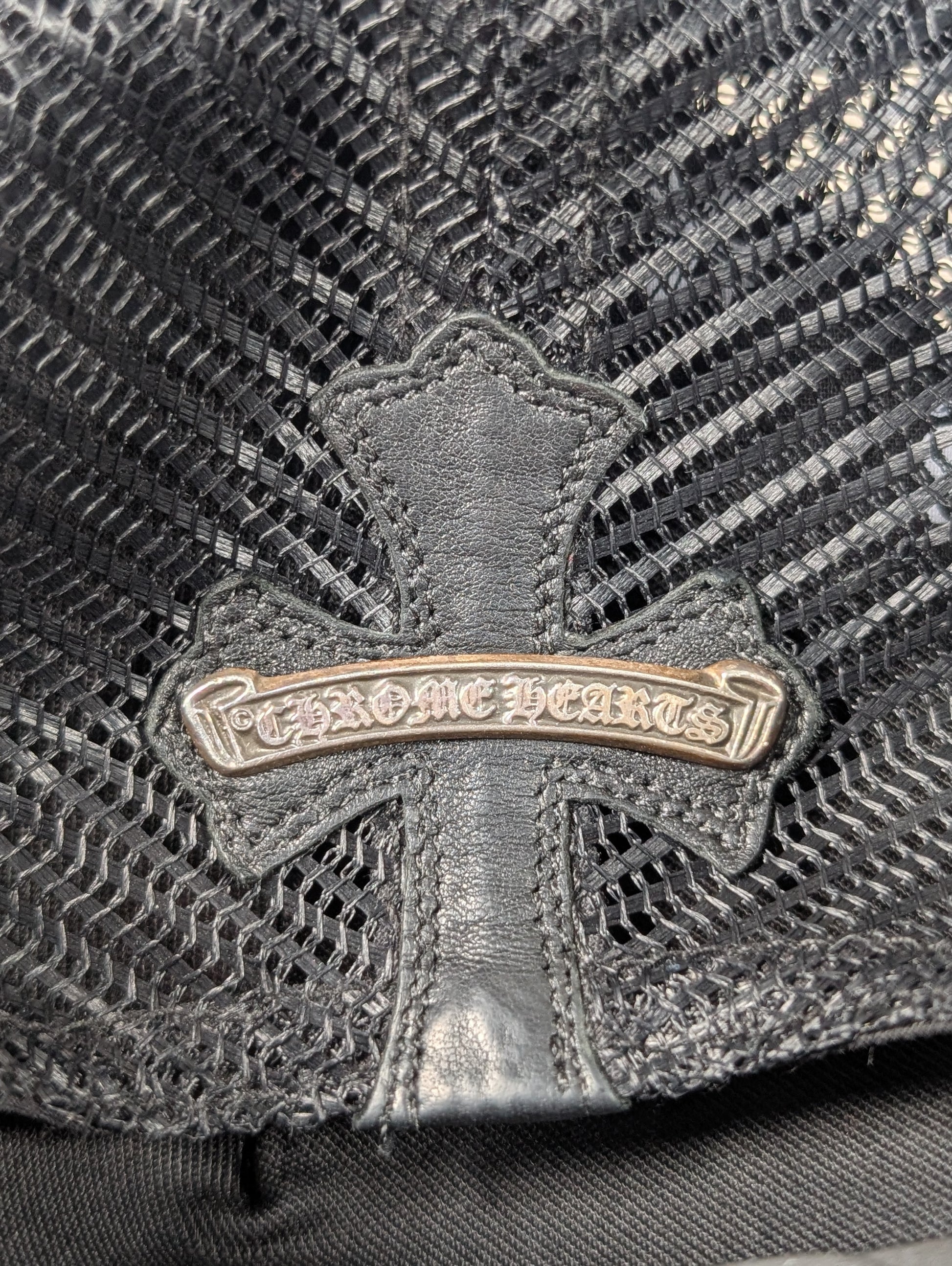 chrome hearts trucker hat cemetery cross patch black leather silver detail collectible fashion