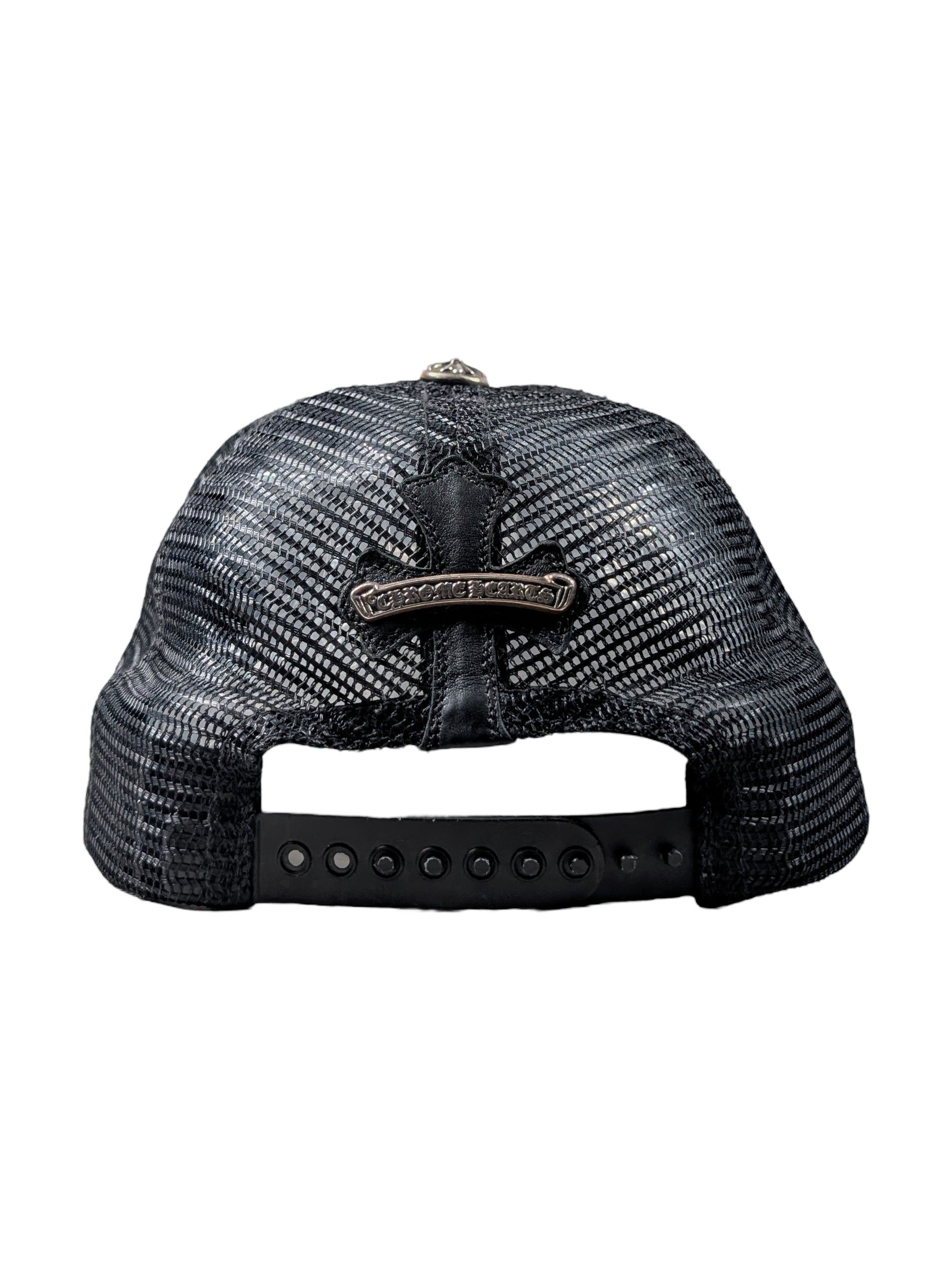chrome hearts trucker hat side view black leather cemetery cross patch limited edition