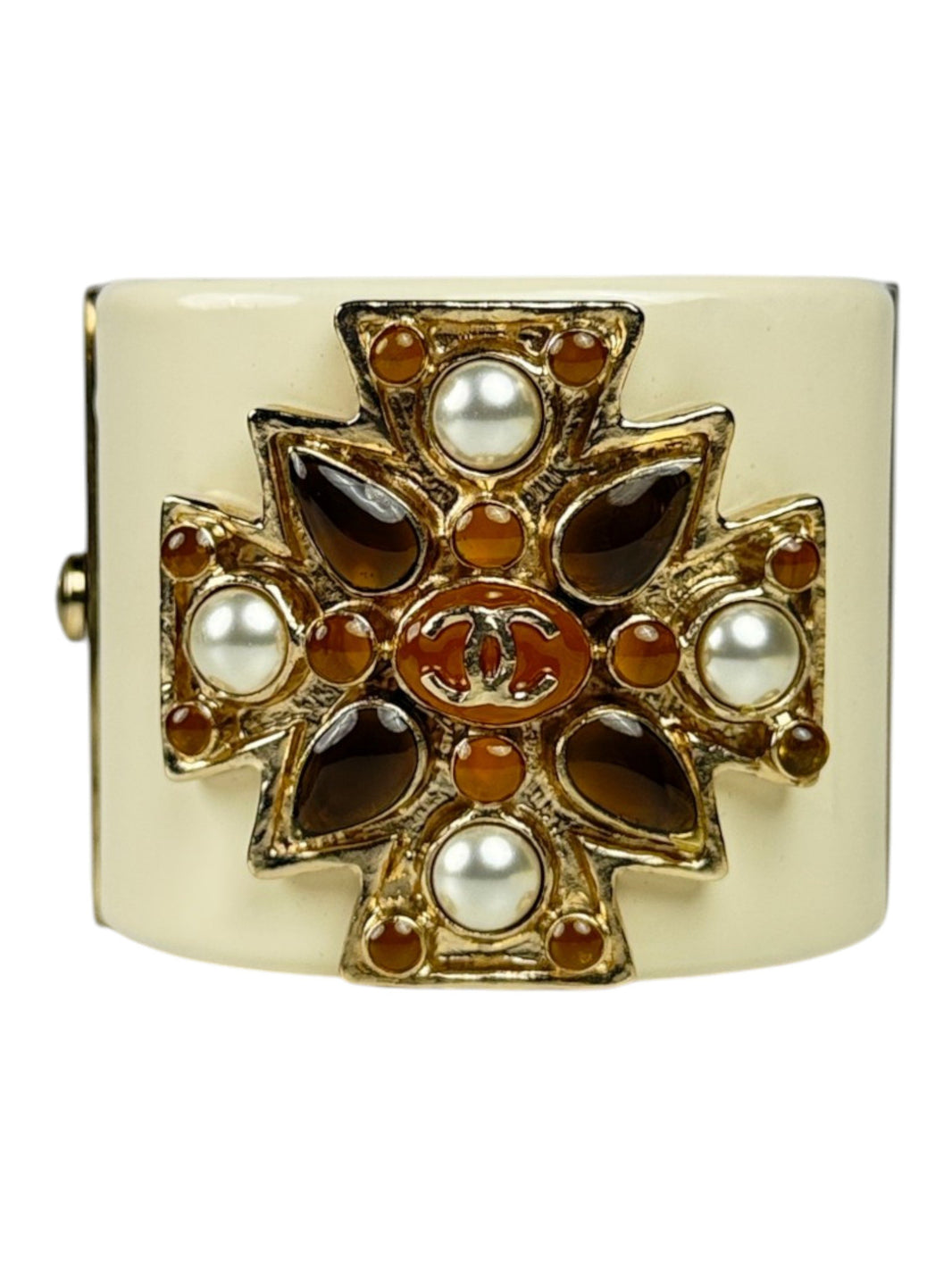 Chanel Maltese Cross Cuff Bracelet Ivory Resin Gripoix Glass Faux Pearls