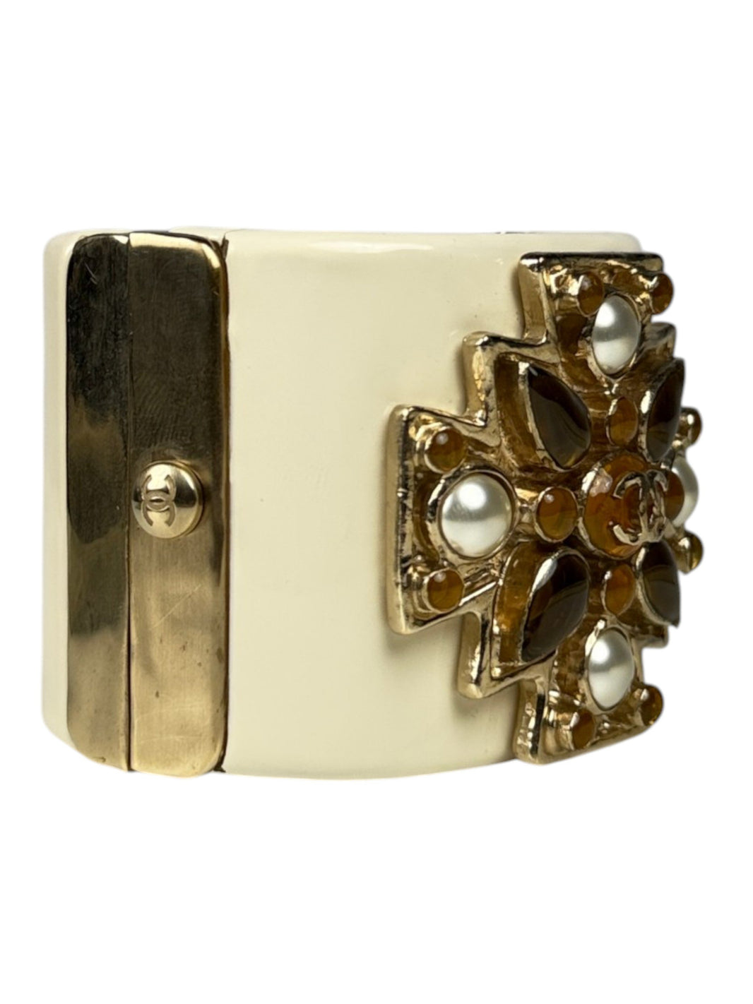 Gilt CC Logo Maltese Cross on Chanel Ivory Resin Bracelet