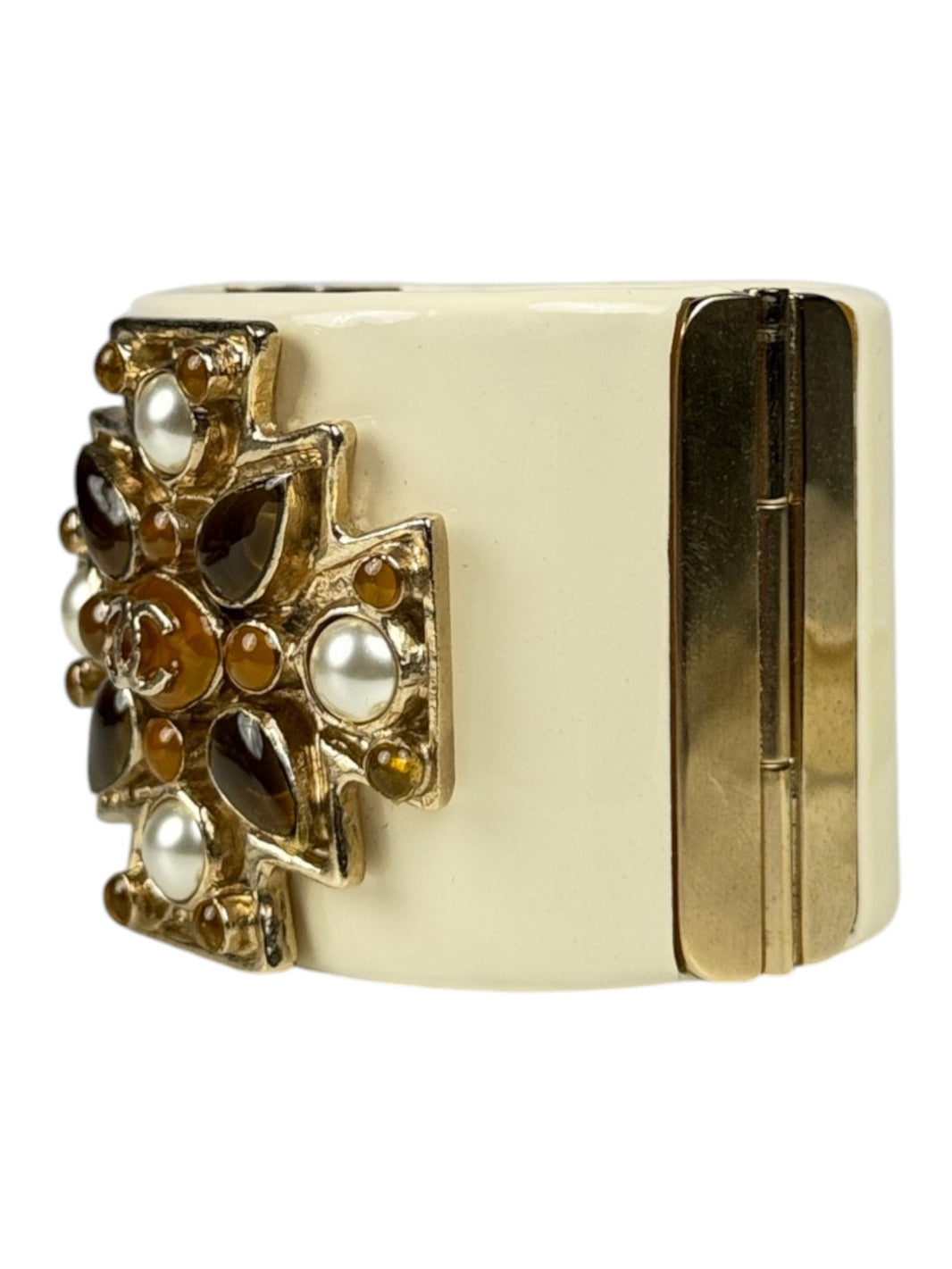 Amber Gripoix Glass and Pearl Maltese Cross Chanel Bracelet