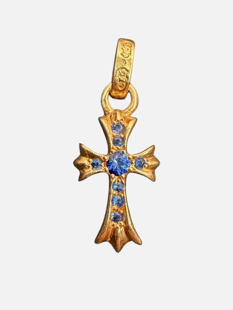 Chrome Hearts Baby Fat Cross Charm 22k Gold Blue Sapphire