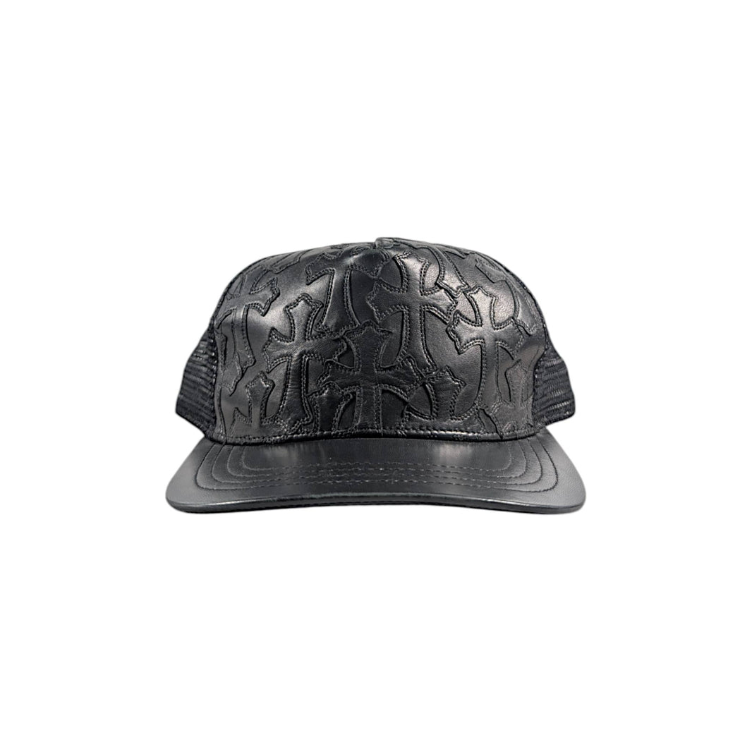 Black Leather Cemetery Cross Patch Hat