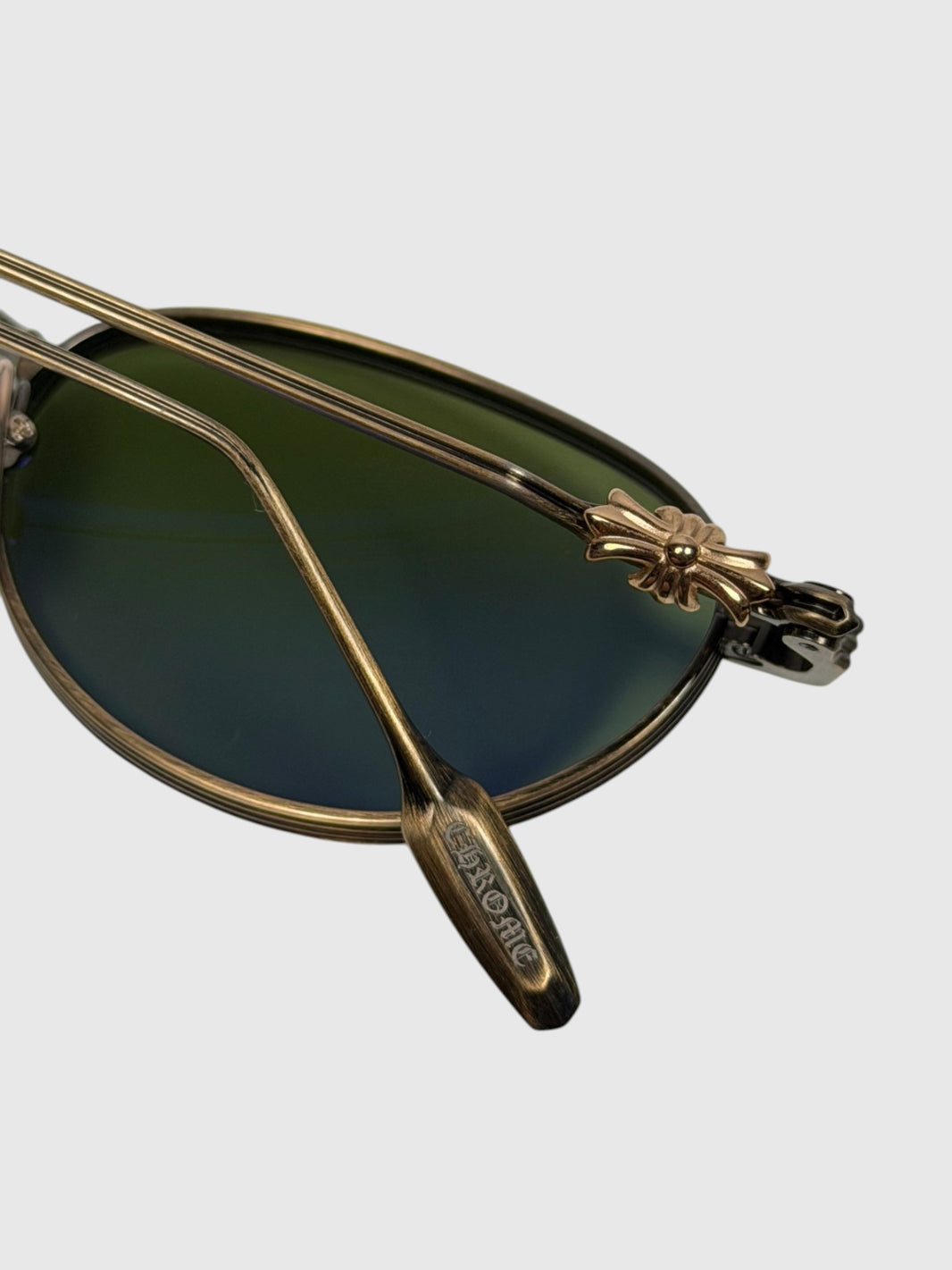 Chrome Hearts Clitorial Glasses Antique Gold Fluted Rim Green Lenses