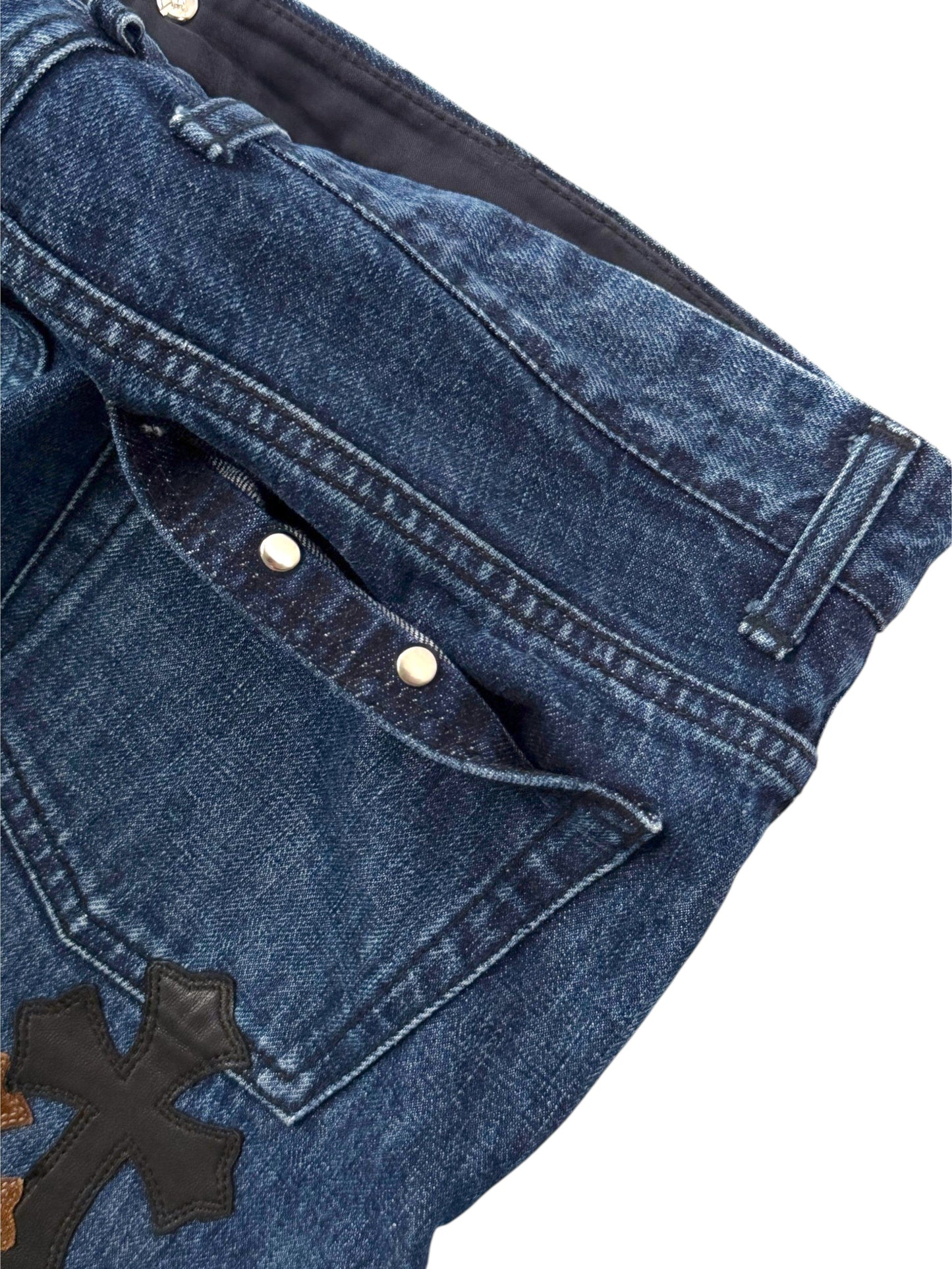 Chrome Hearts Fleur Knee Blue Denim with Suede Cross Detailing