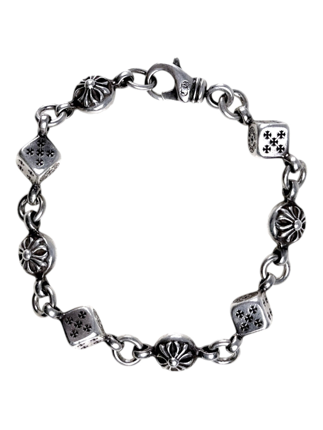 Floral Cross Ball Beads Chrome Hearts Silver Dice Bracelet