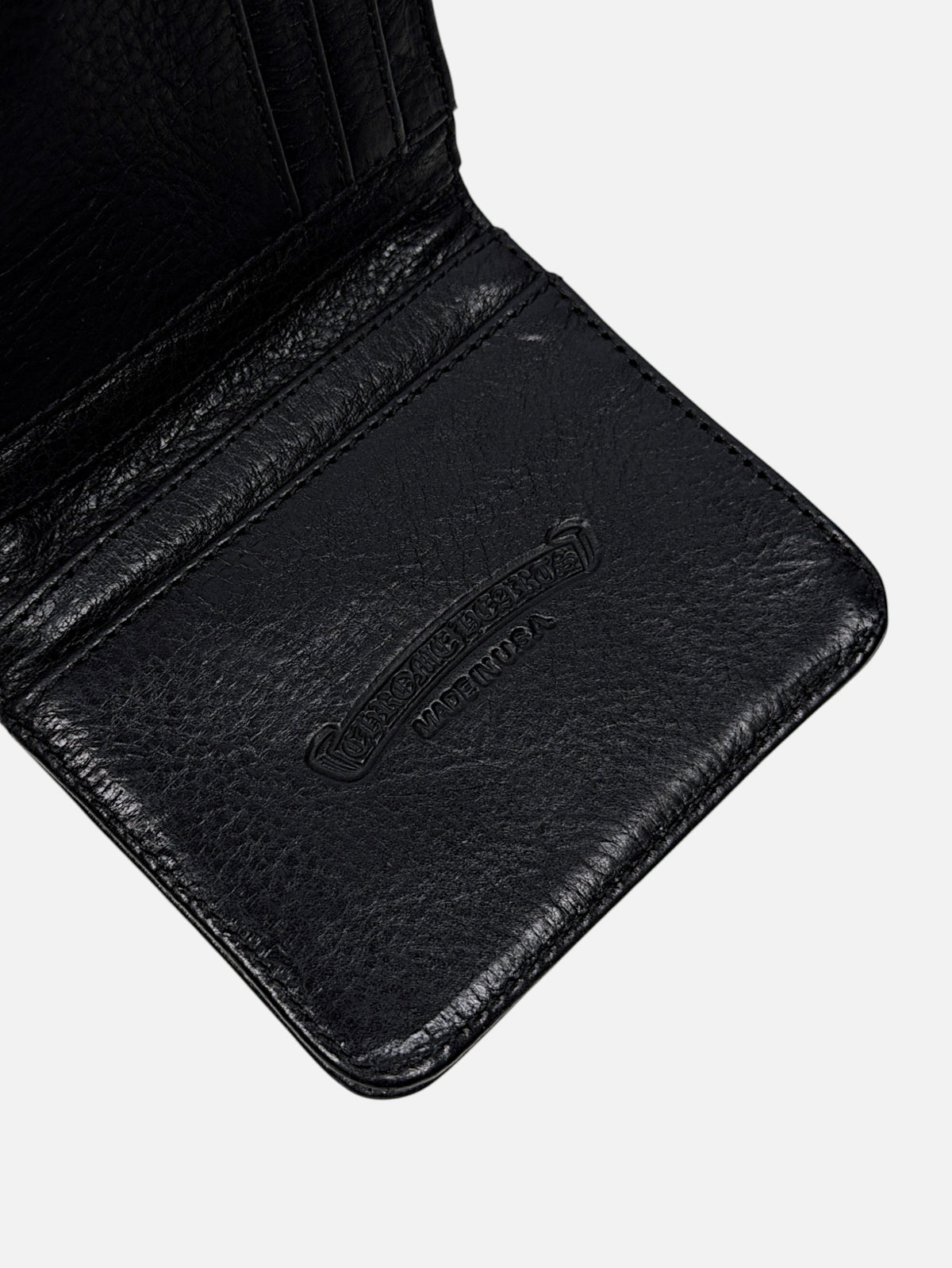 Scroll Logo Made in USA Chrome Hearts Black Leather Bifold Wallet