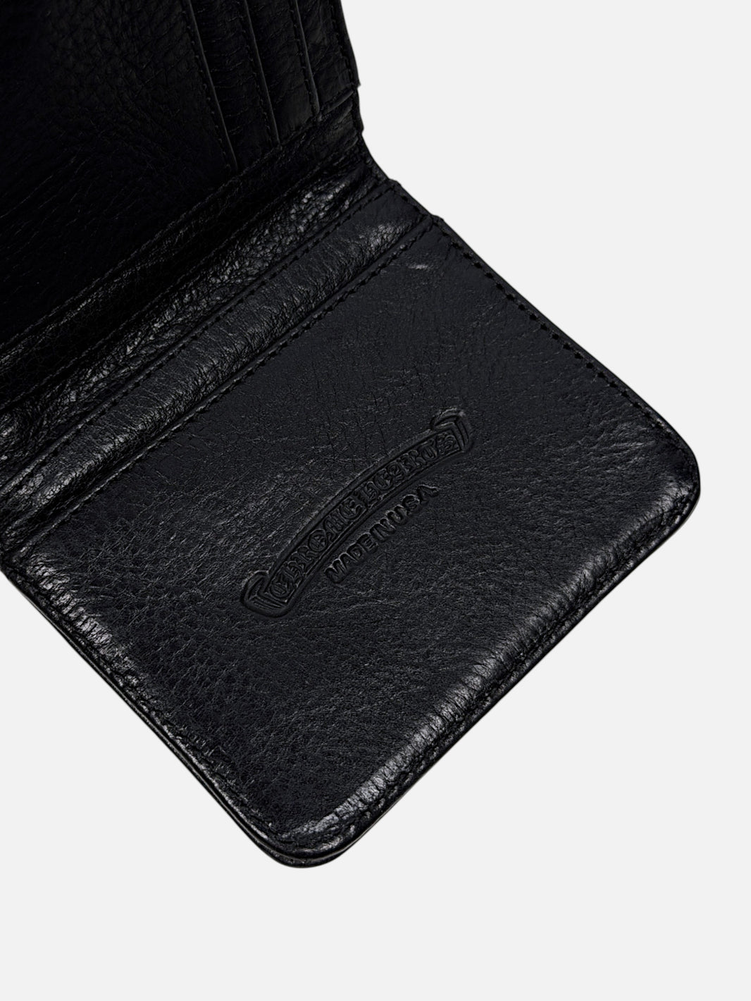Scroll Logo Made in USA Chrome Hearts Black Leather Bifold Wallet