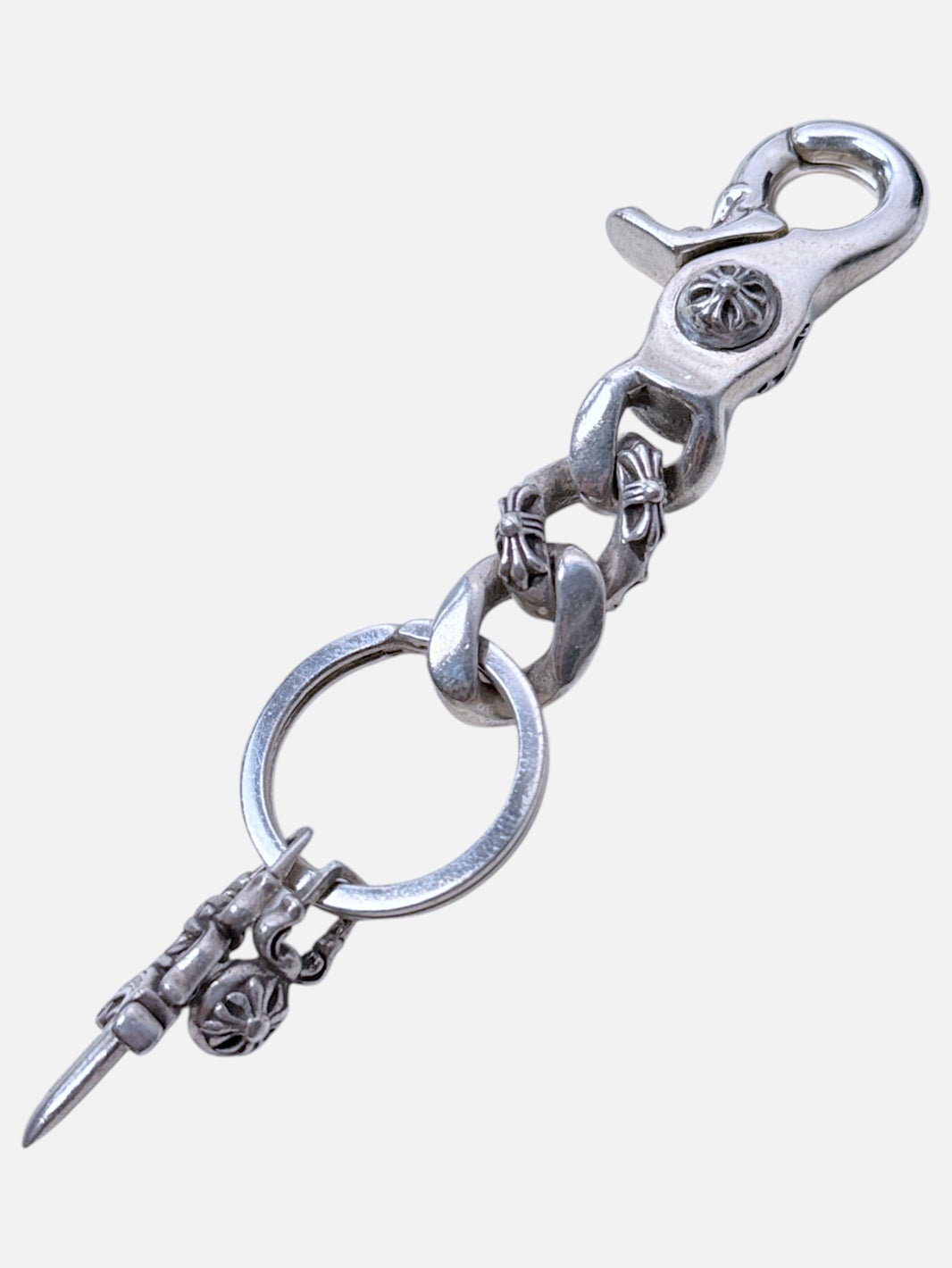 Fancy Link Chain Chrome Hearts Silver Keyring with Plus Cross Accents