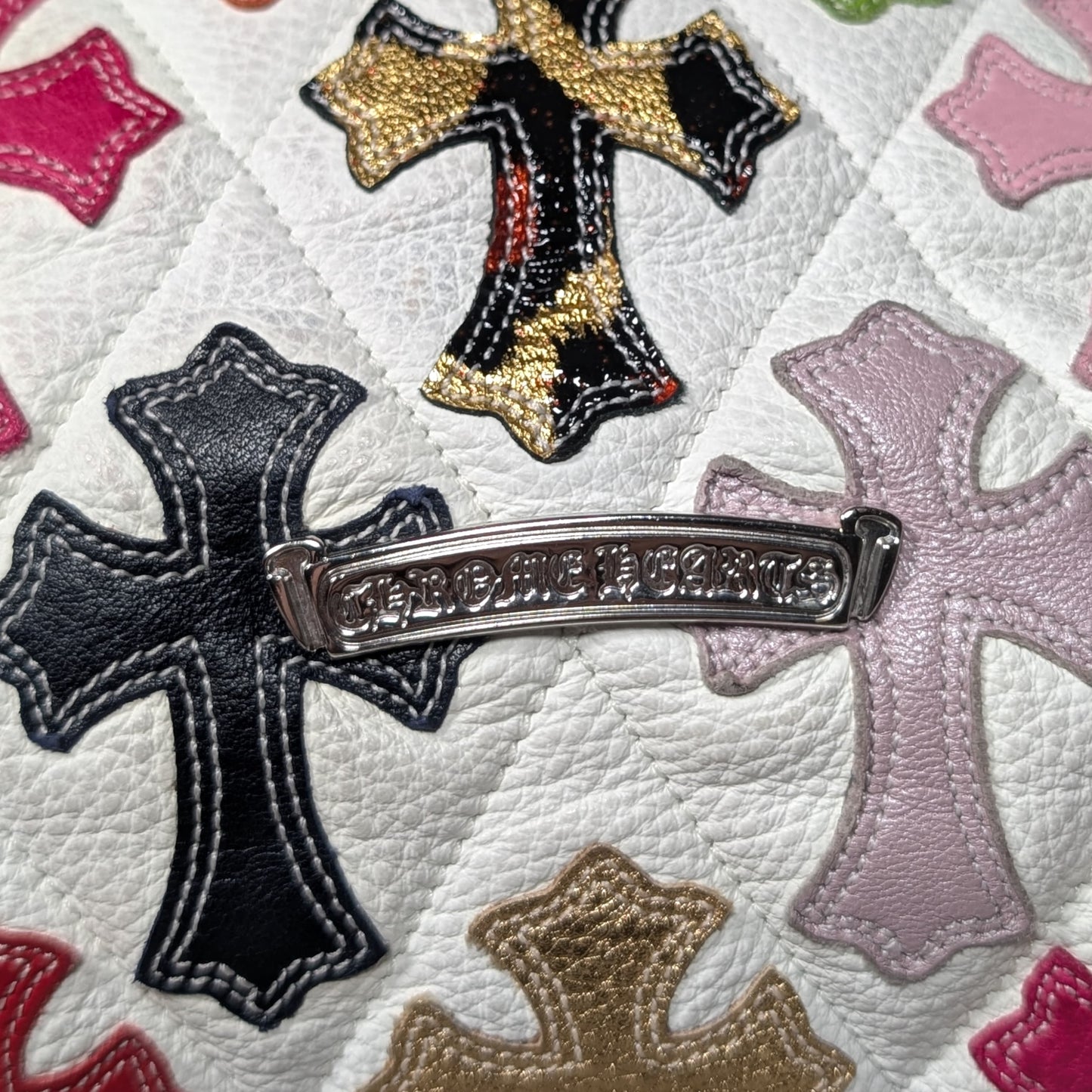 Quilted Leather Multicolor Cross Patch FS Tote Bag White