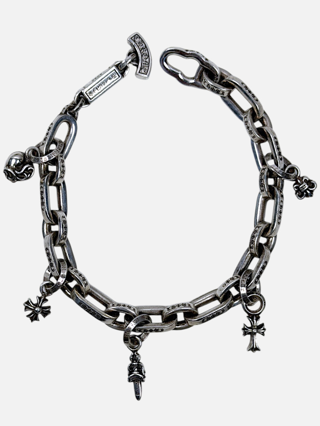 Chrome Hearts Paper Chain Charm Bracelet .925 Silver Five Charms