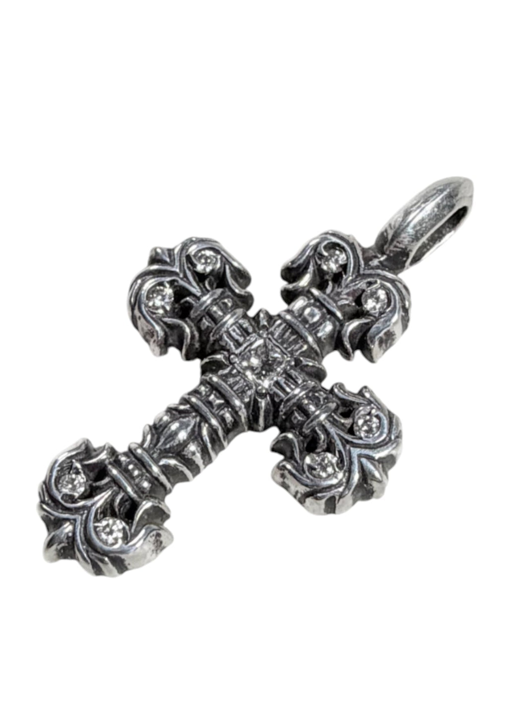 Chrome Hearts Silver Filigree Cross Pendant Pave Diamond Sterling Silver Hardware