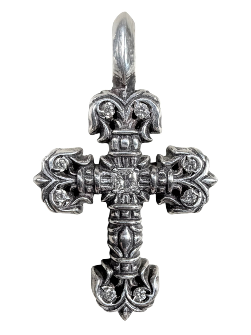 Chrome Hearts Silver Filigree Cross Pendant Pave Diamond Authentic Necklaces