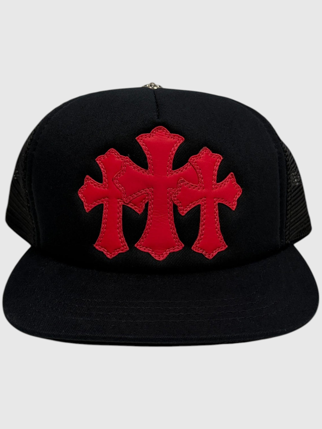Chrome Hearts Red Leather Triple Cross Patch Trucker Hat Black