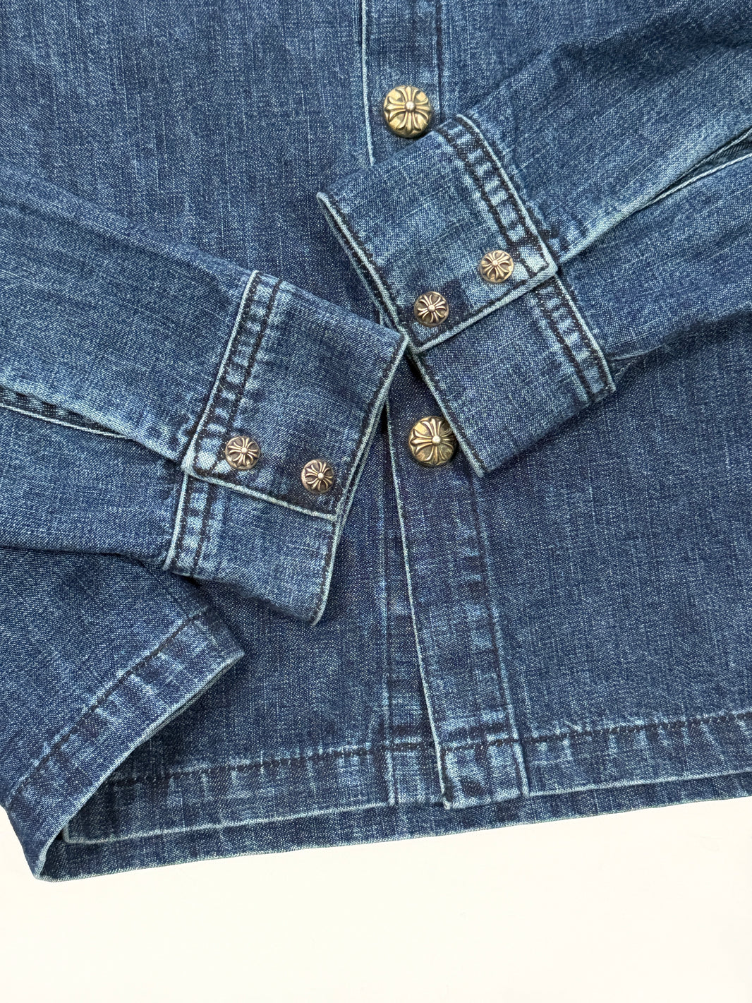 Blue Denim Shirt Jacket by Chrome Hearts with Cross Ball Cuff Buttons