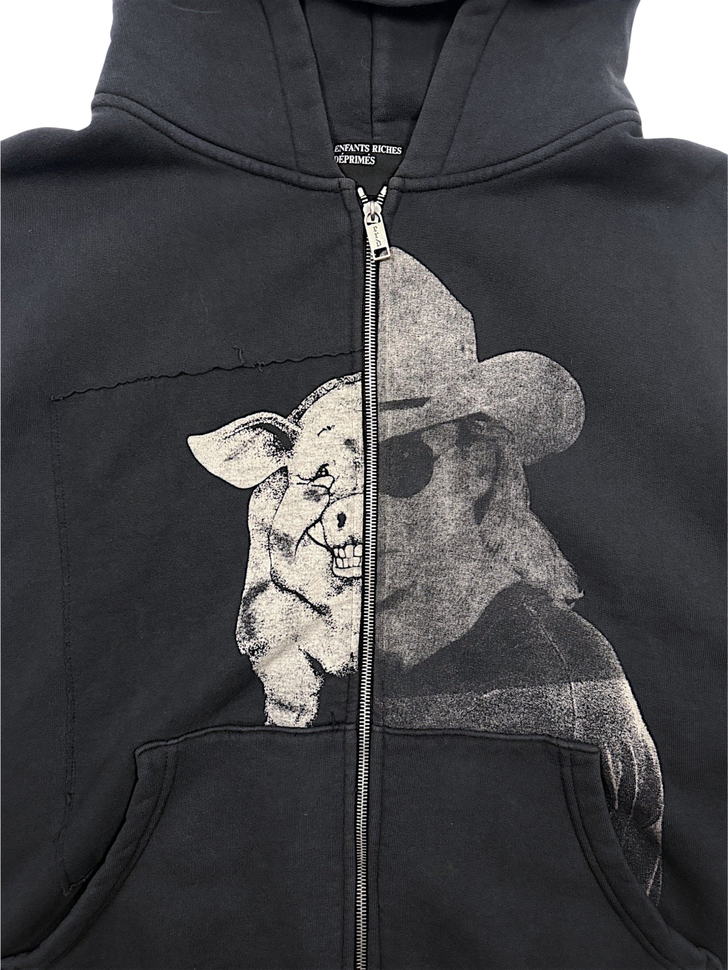 Hand-stitched pig and cowboy graphic patch panel Enfants Riches Déprimés hoodie
