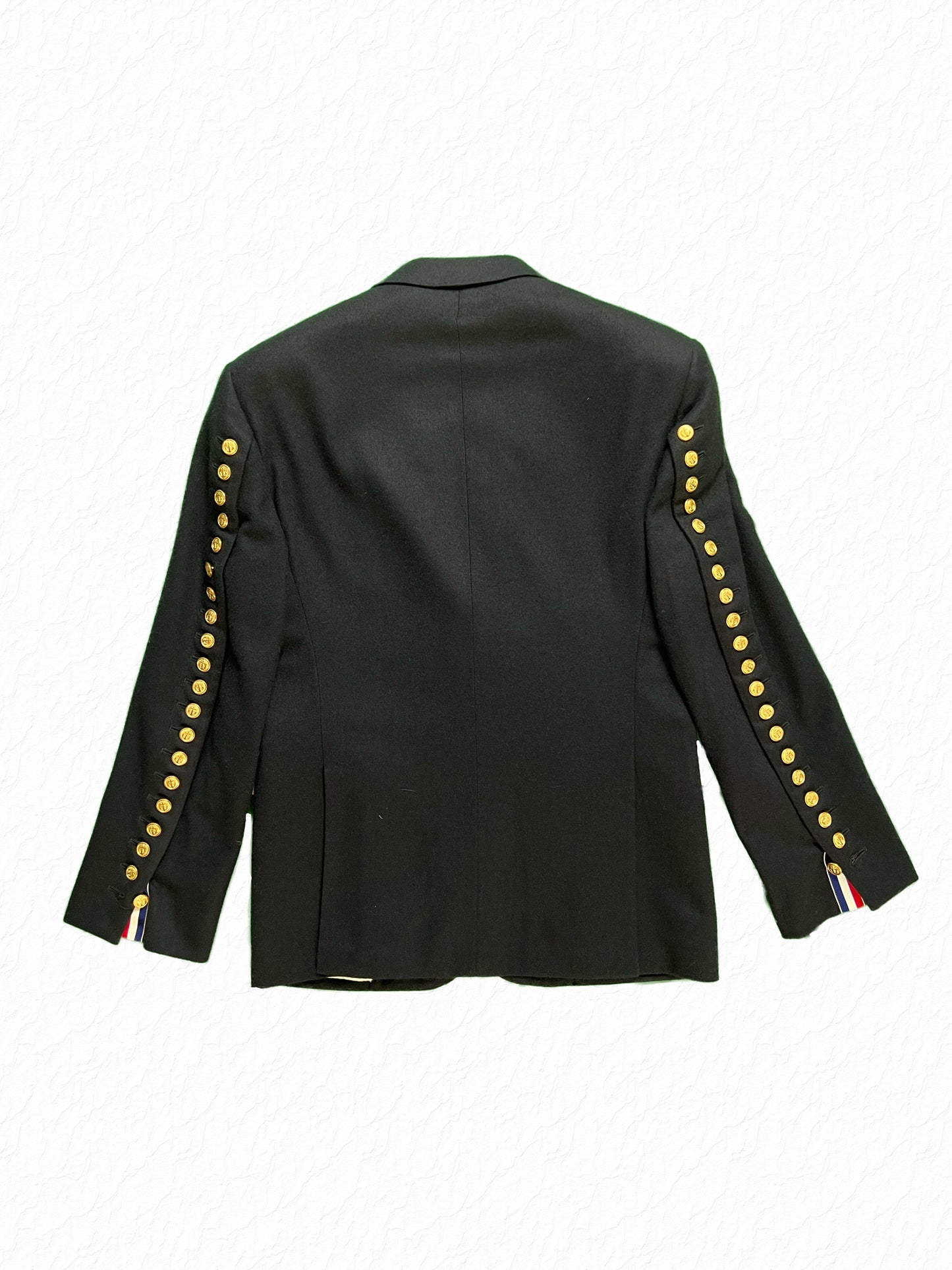 Thom Browne cashmere blazer with RWB grosgrain cuff tab and anchor button sleeve