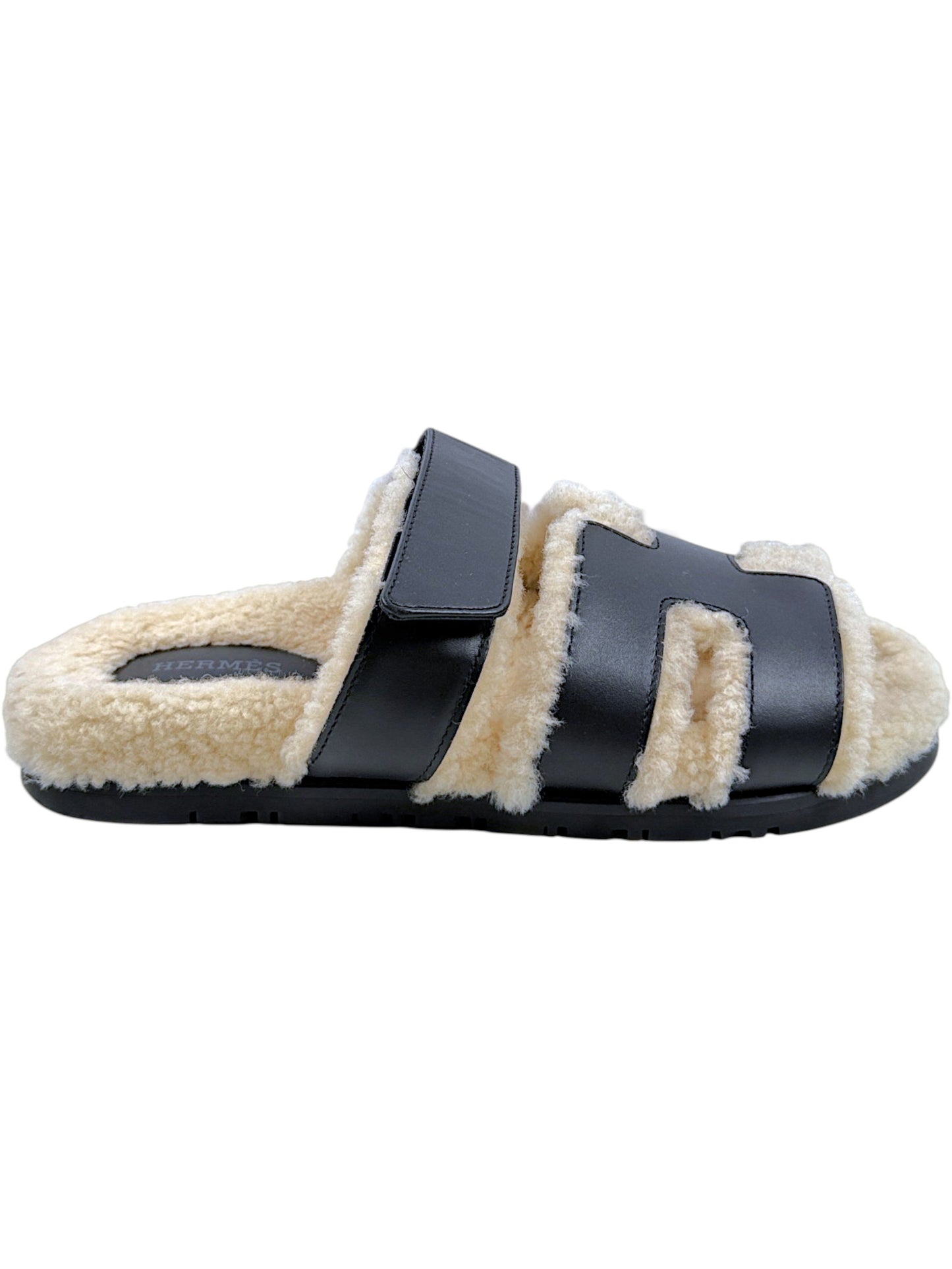 Hermès Chypre Shearling Sandals Black Leather H Strap