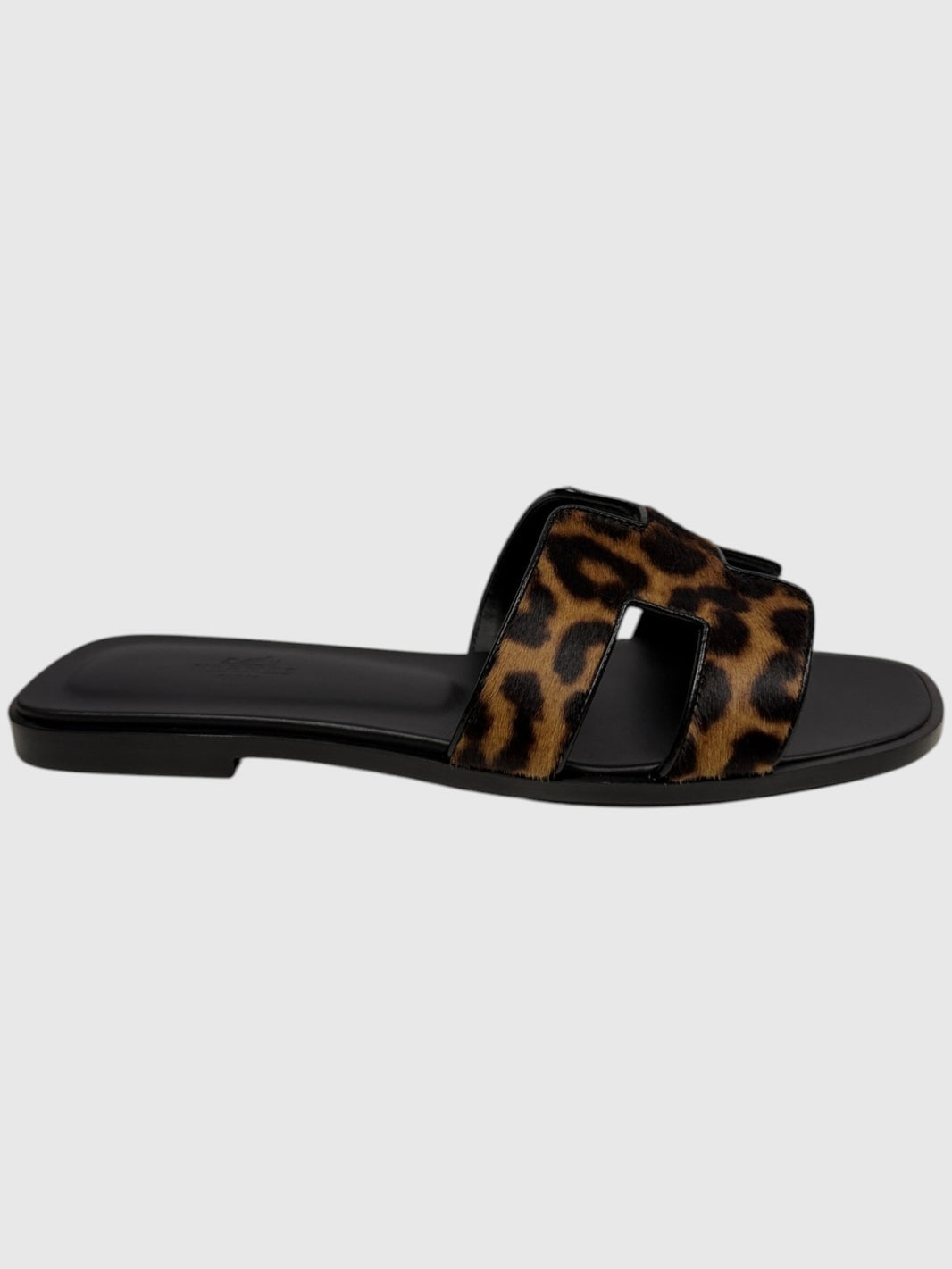 Hermes Oran Sandals Leopard Print Pony Hair Black Leather