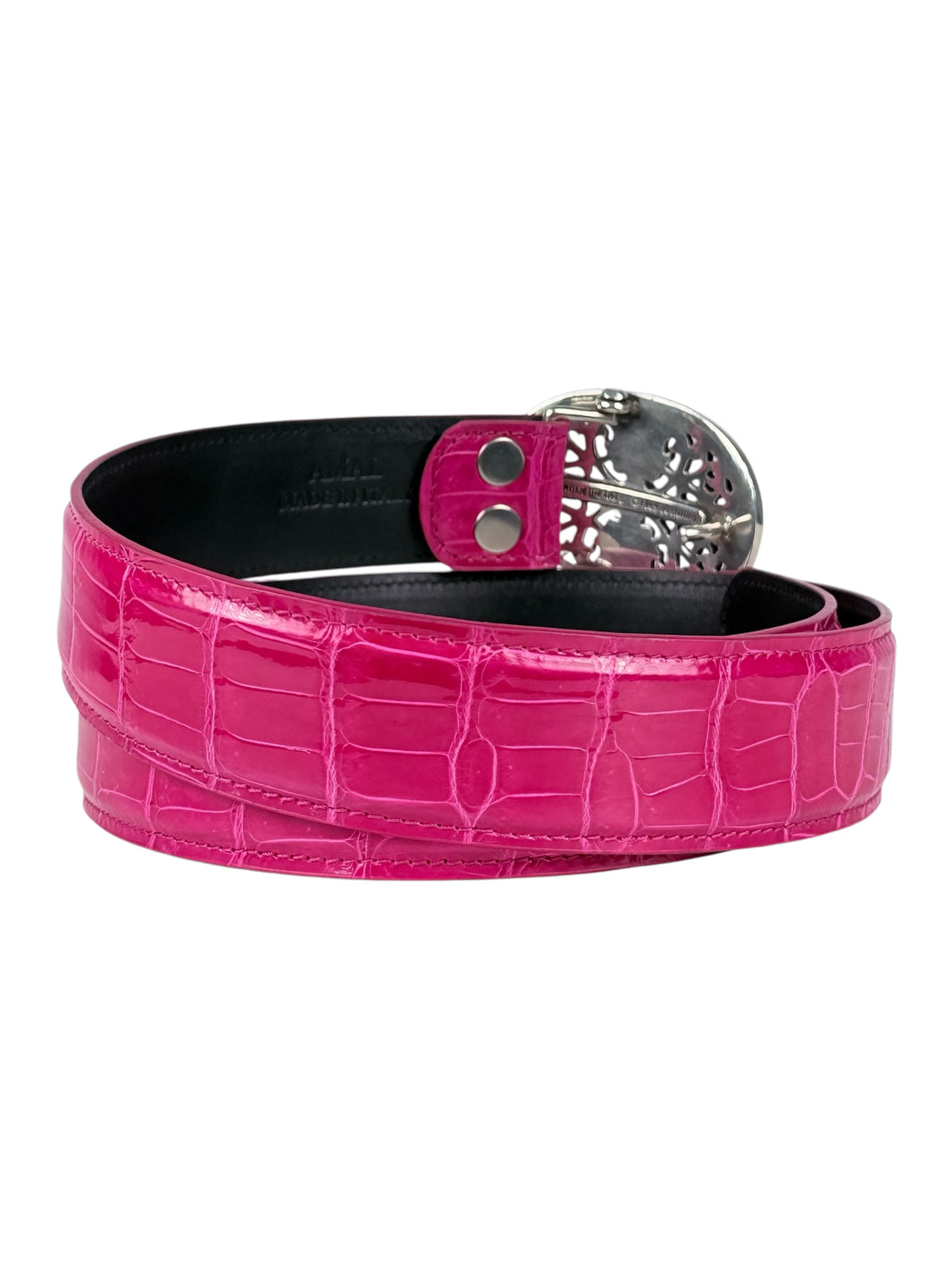 Glossy pink crocodile leather belt strap AMAL V2 model