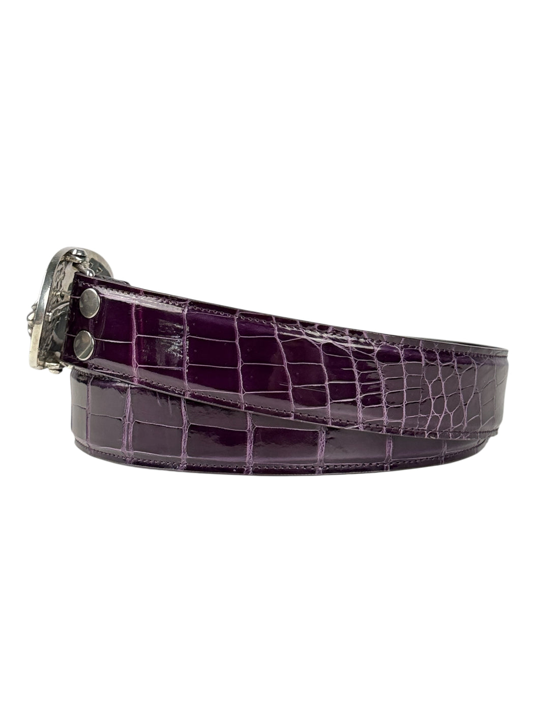 Exotic crocodile leather belt strap by AMAL in glossy purple