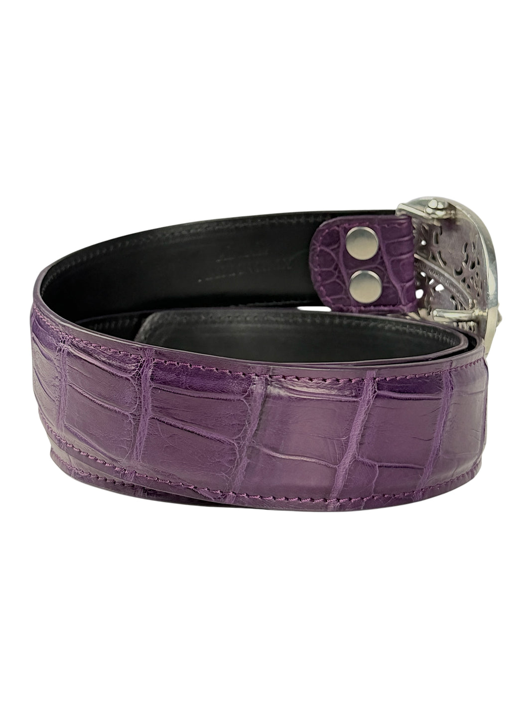 Matte crocodile scale pattern on AMAL purple belt strap