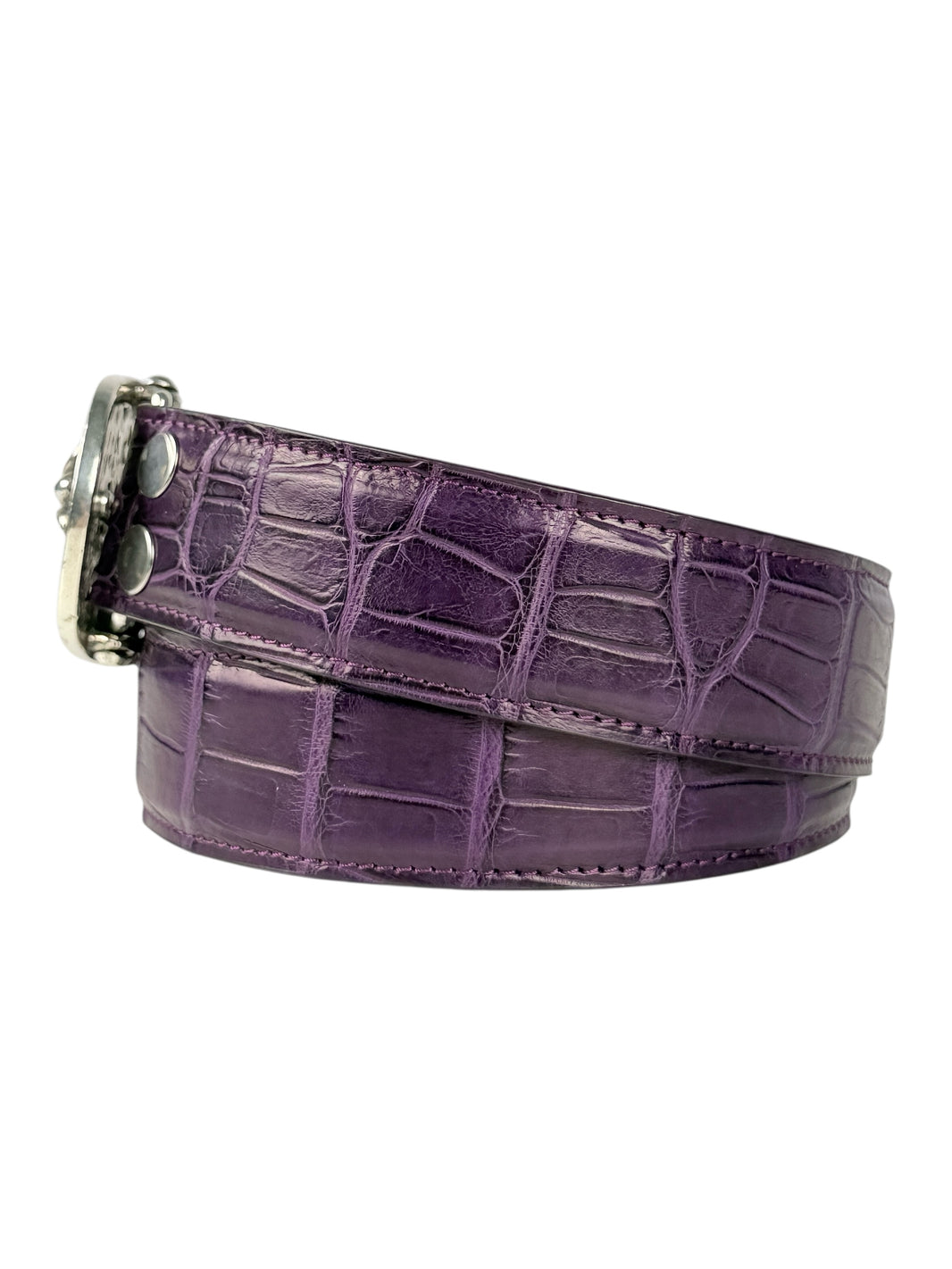 Exotic crocodile leather belt strap by AMAL in matte purple
