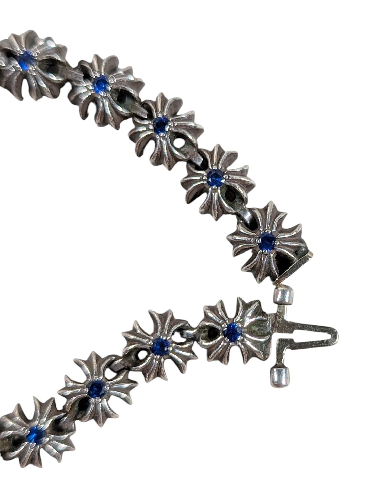 chrome hearts tiny ch plus bracelet close up sterling silver 925 blue sapphire gemstone detail