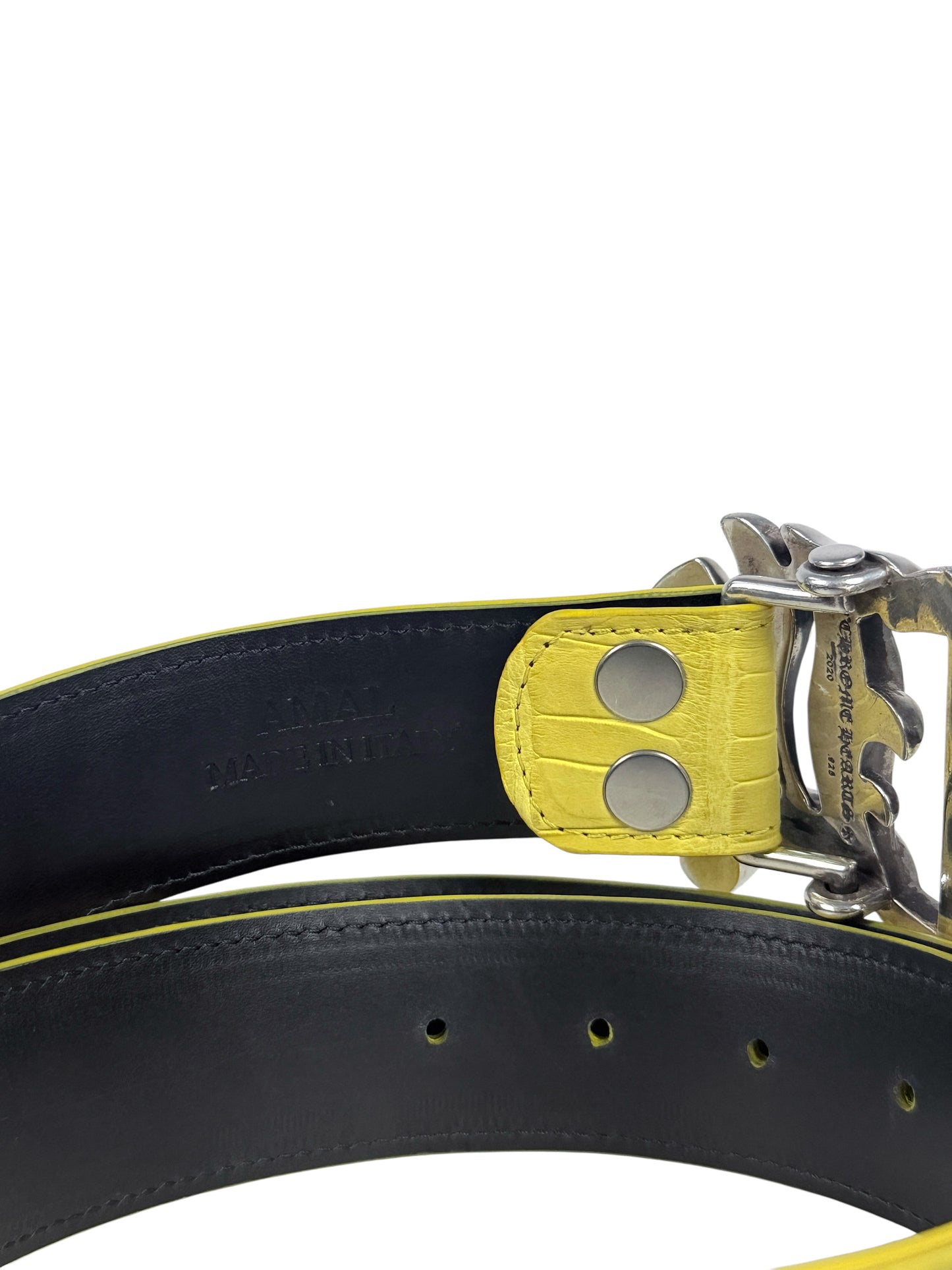 Matte crocodile scale pattern on AMAL yellow belt strap