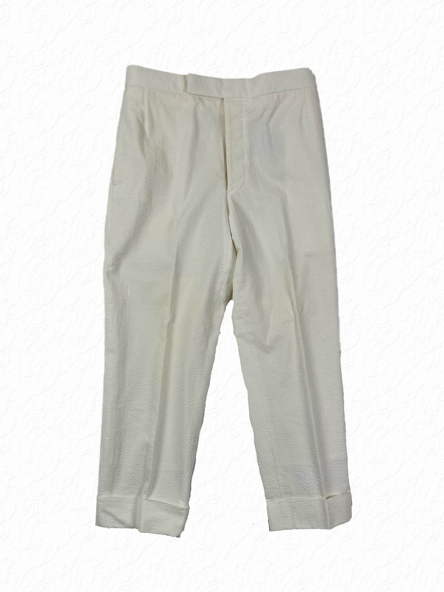 Thom Browne white seersucker cropped trousers with cuffed hems