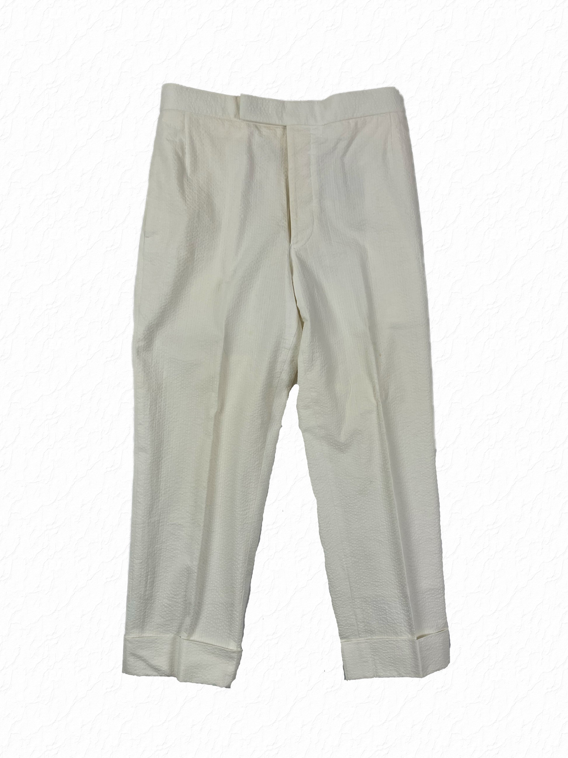 Thom Browne white seersucker cropped trousers with cuffed hems