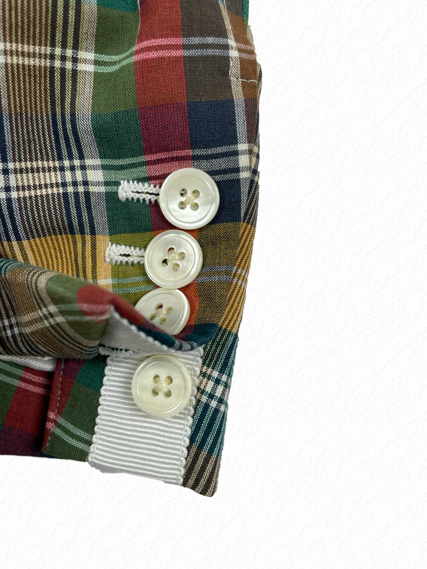 Madras plaid cotton blazer with mother of pearl buttons by Thom Browne