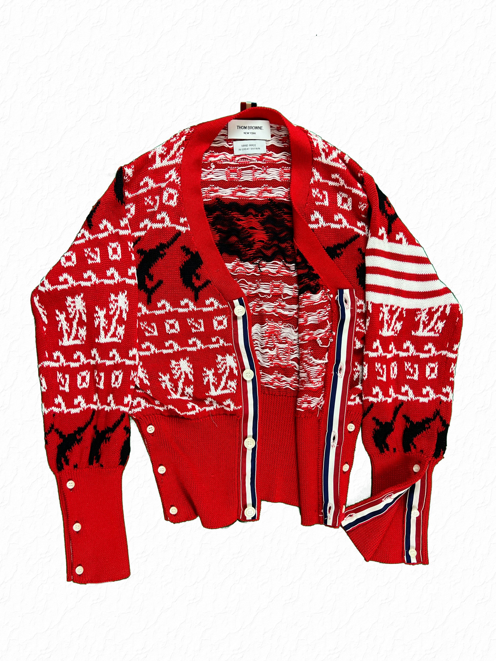 Signature 4-Bar white stripe sleeve on Thom Browne Fair Isle cardigan