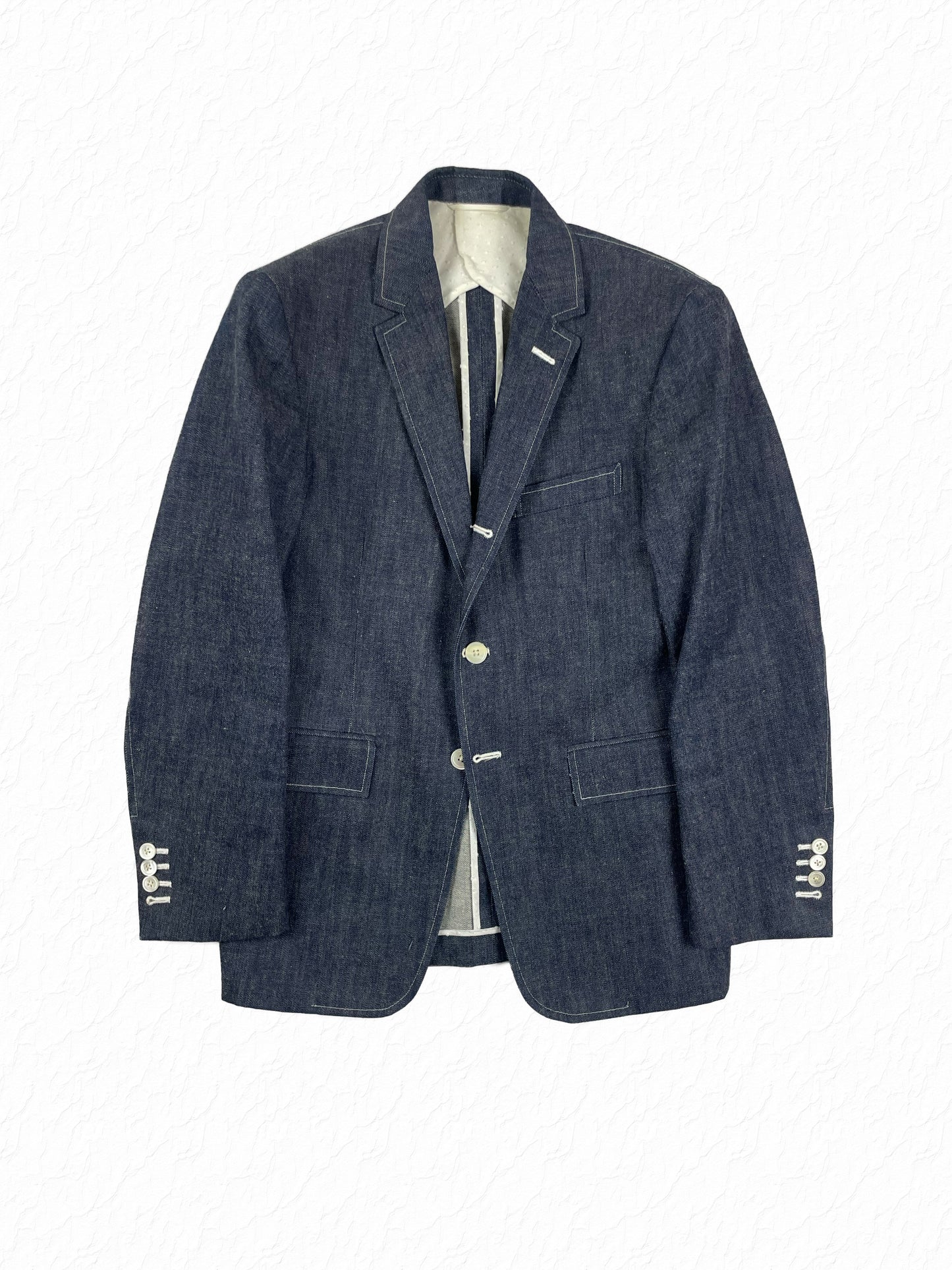 Thom Browne Japanese denim suit jacket in indigo with RWB grosgrain tab