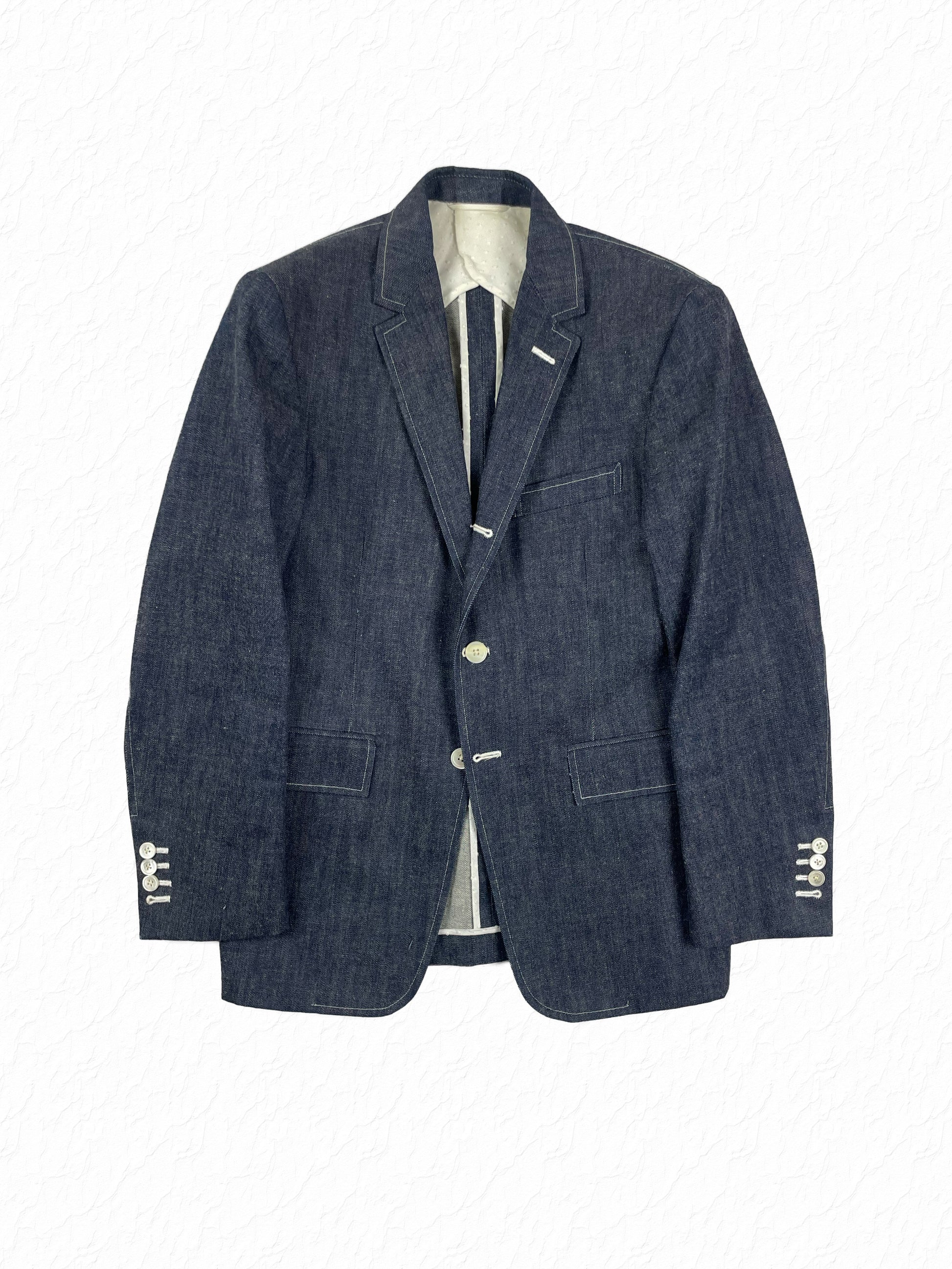Thom Browne Japanese denim suit jacket in indigo with RWB grosgrain tab