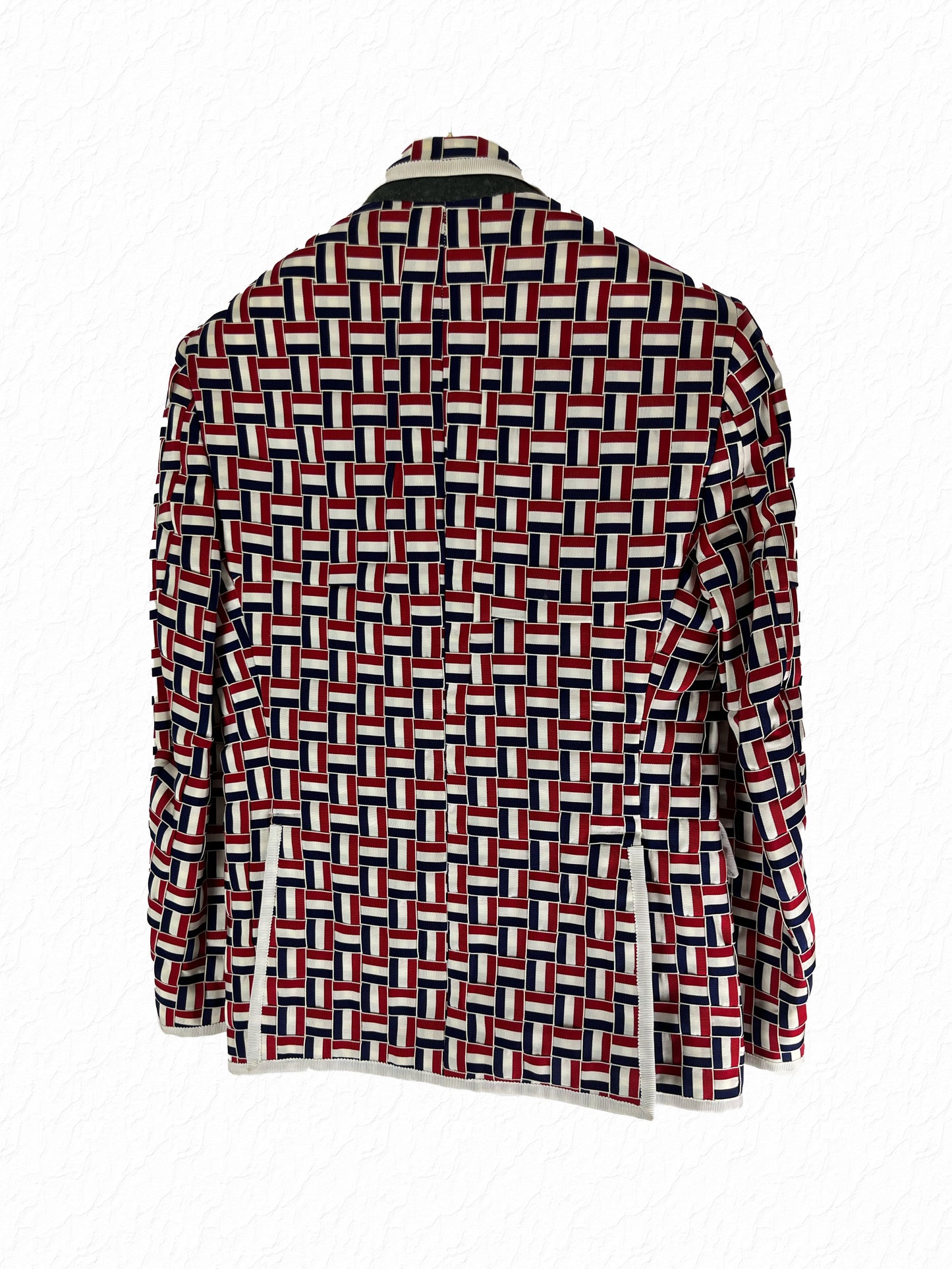Red white blue grosgrain Thom Browne blazer with striped lining