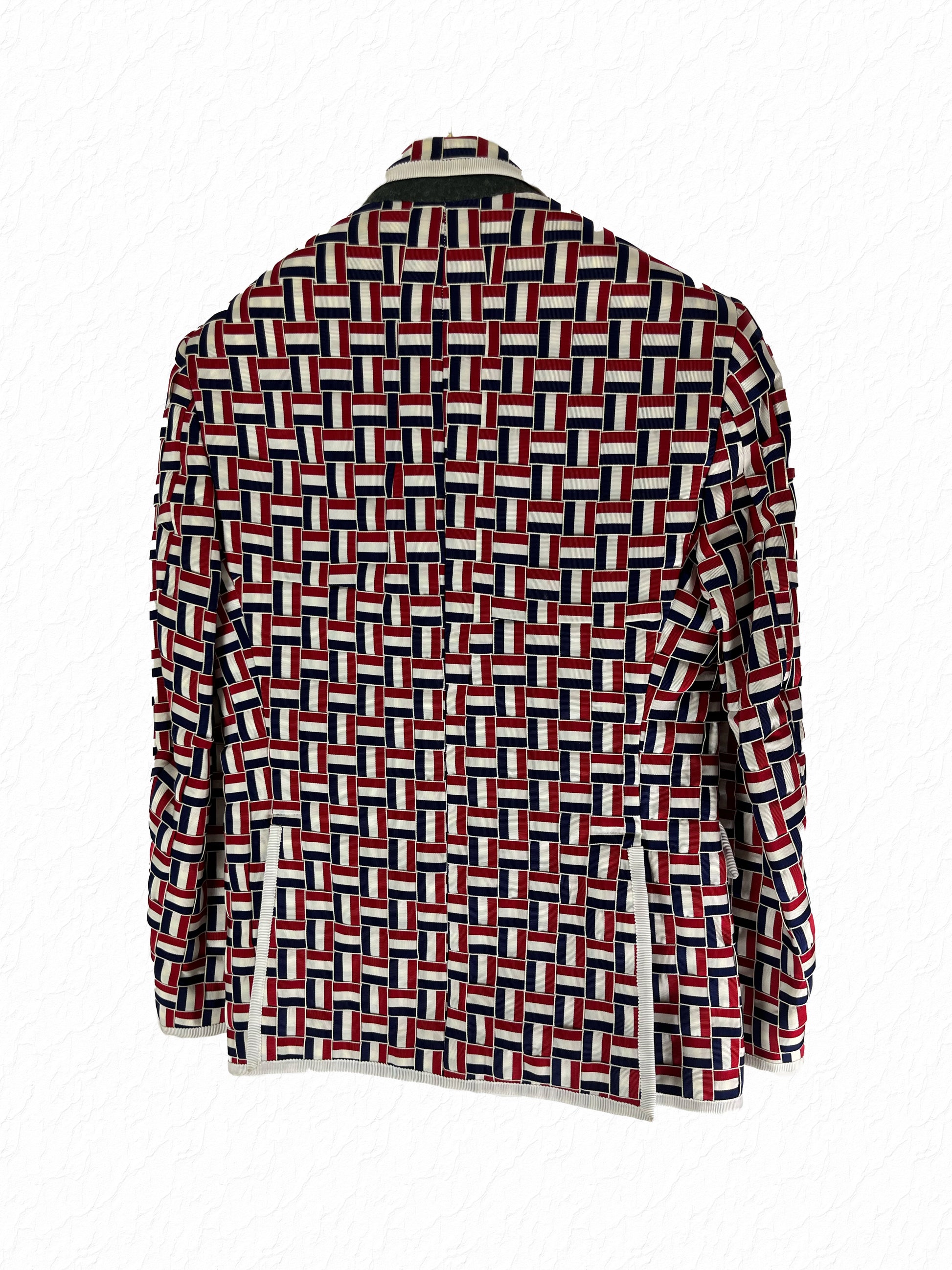 Red white blue grosgrain Thom Browne blazer with striped lining