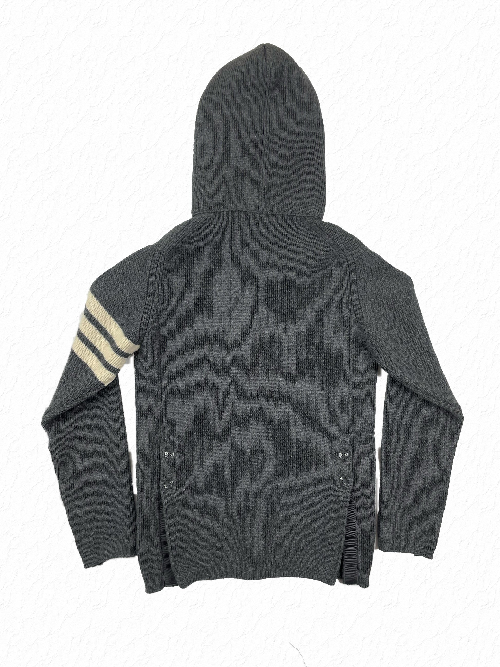Hooded Thom Browne 4-Bar cashmere cardigan in grey with rear button vents